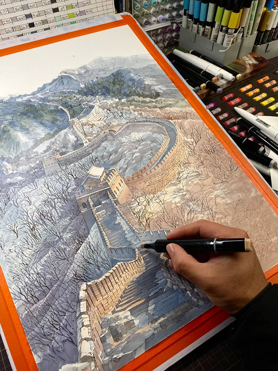 马克笔手绘|冬日雪后日出的长城有多惊艳71 阳了个阳～终于可以画画