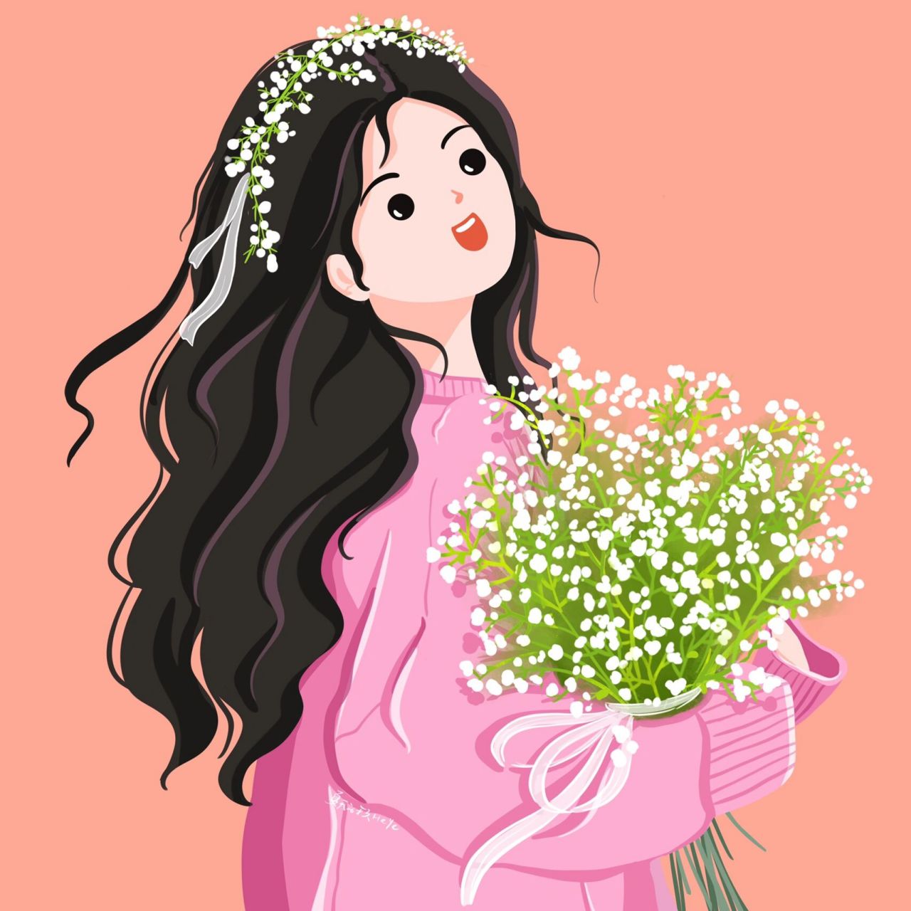 插画头像 | 手捧满天星的可爱女生|无腮红版 满天星,繁花似锦觅安宁