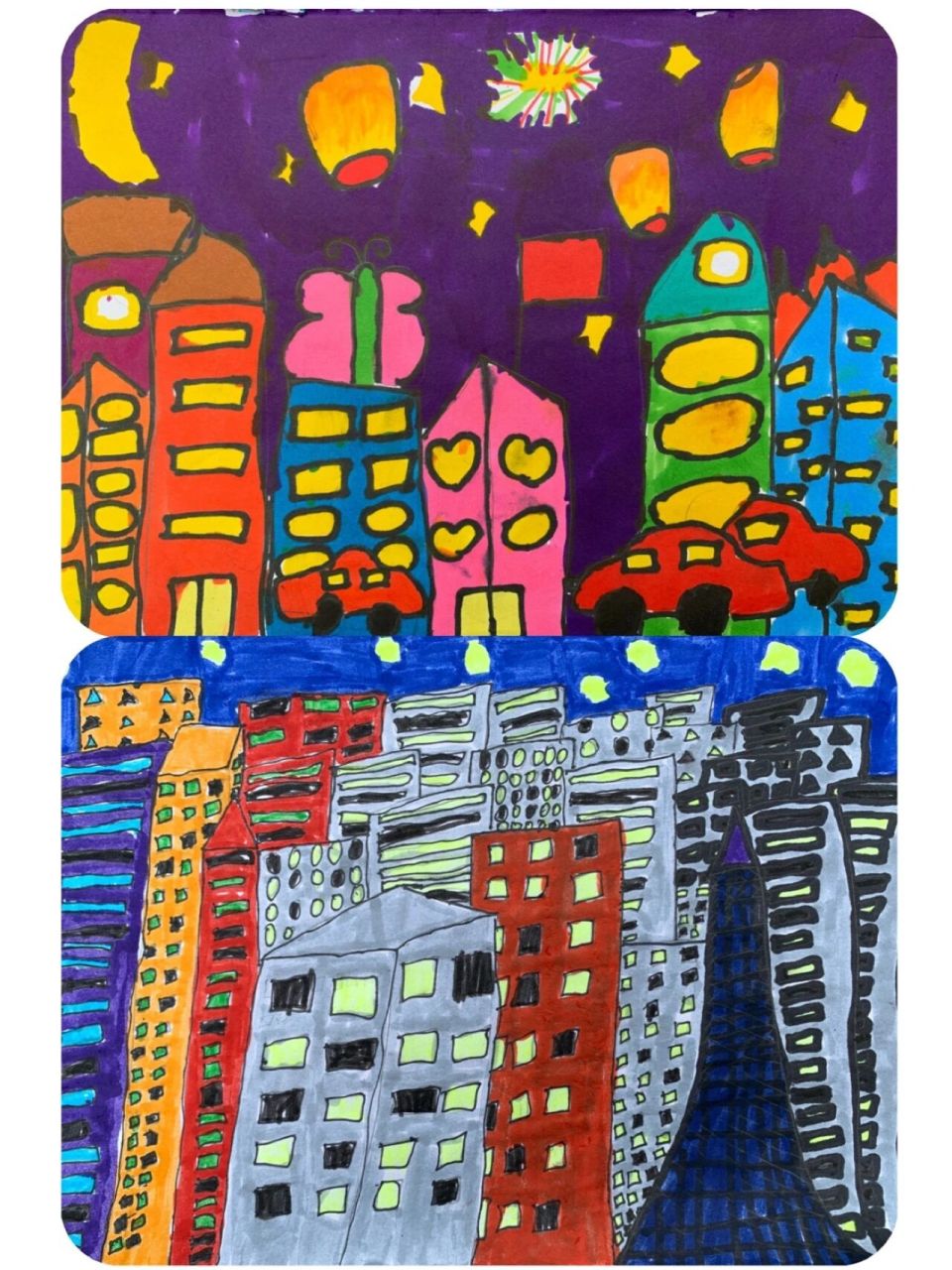 二年级·下册《画夜景》学生作品 96二下比较简单的一节课,让孩子把