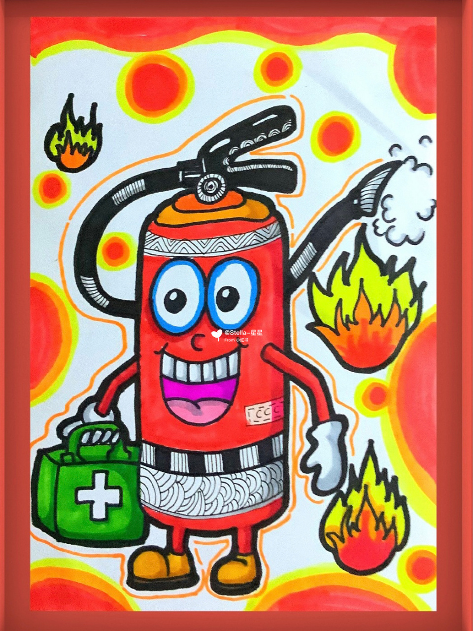 马克笔儿童画《火灾救援》《灭火器》