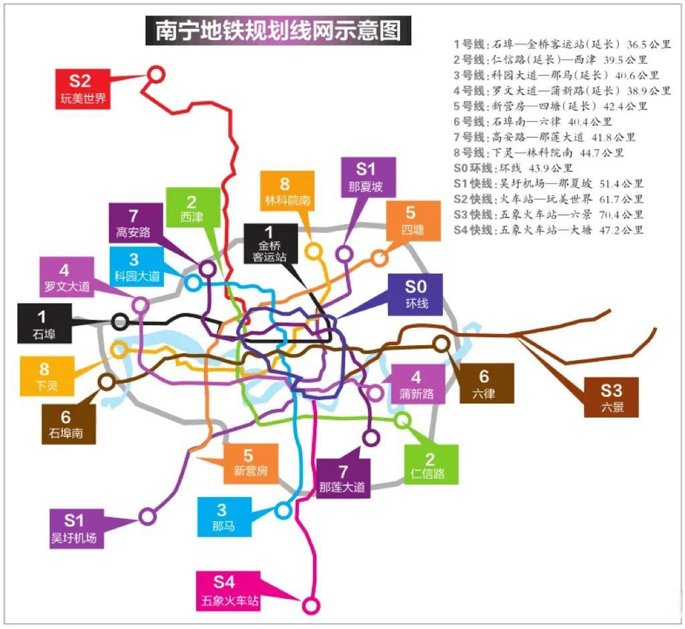南宁地铁规划线网示意图
