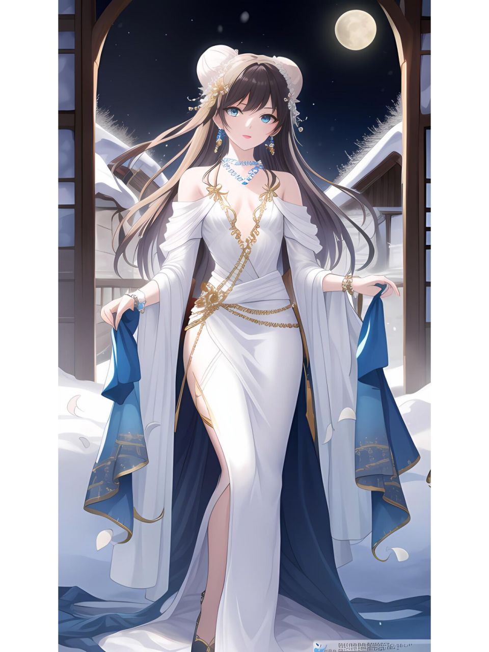 朦胧月夜下的连衣长裙女子,动漫二次元绘画