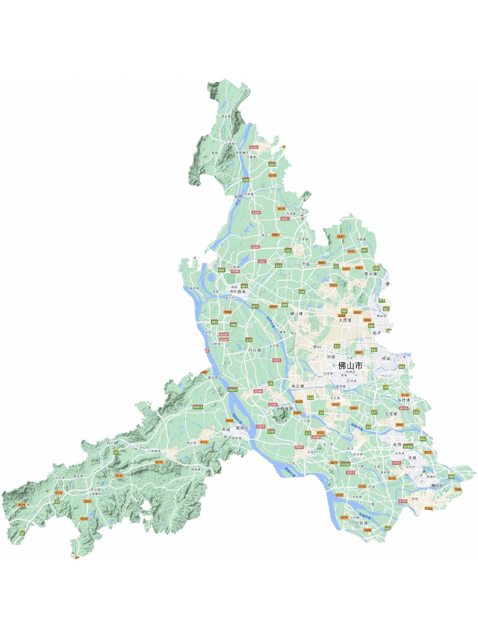 佛山地形图,佛山面积约3798平方公里