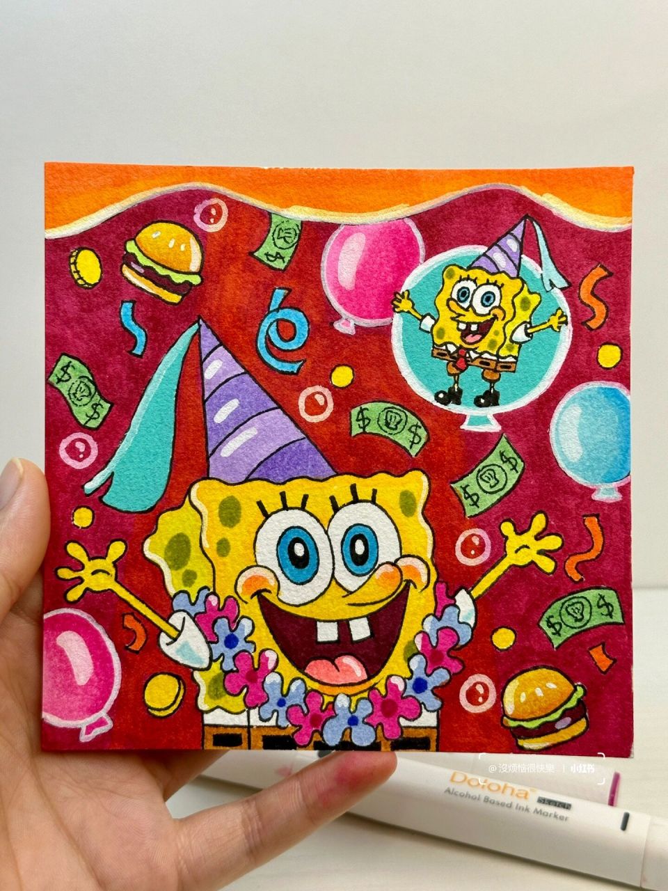 马克笔手绘|海绵宝宝生日贺卡98礼物 生日礼物手工:和好朋友一起来