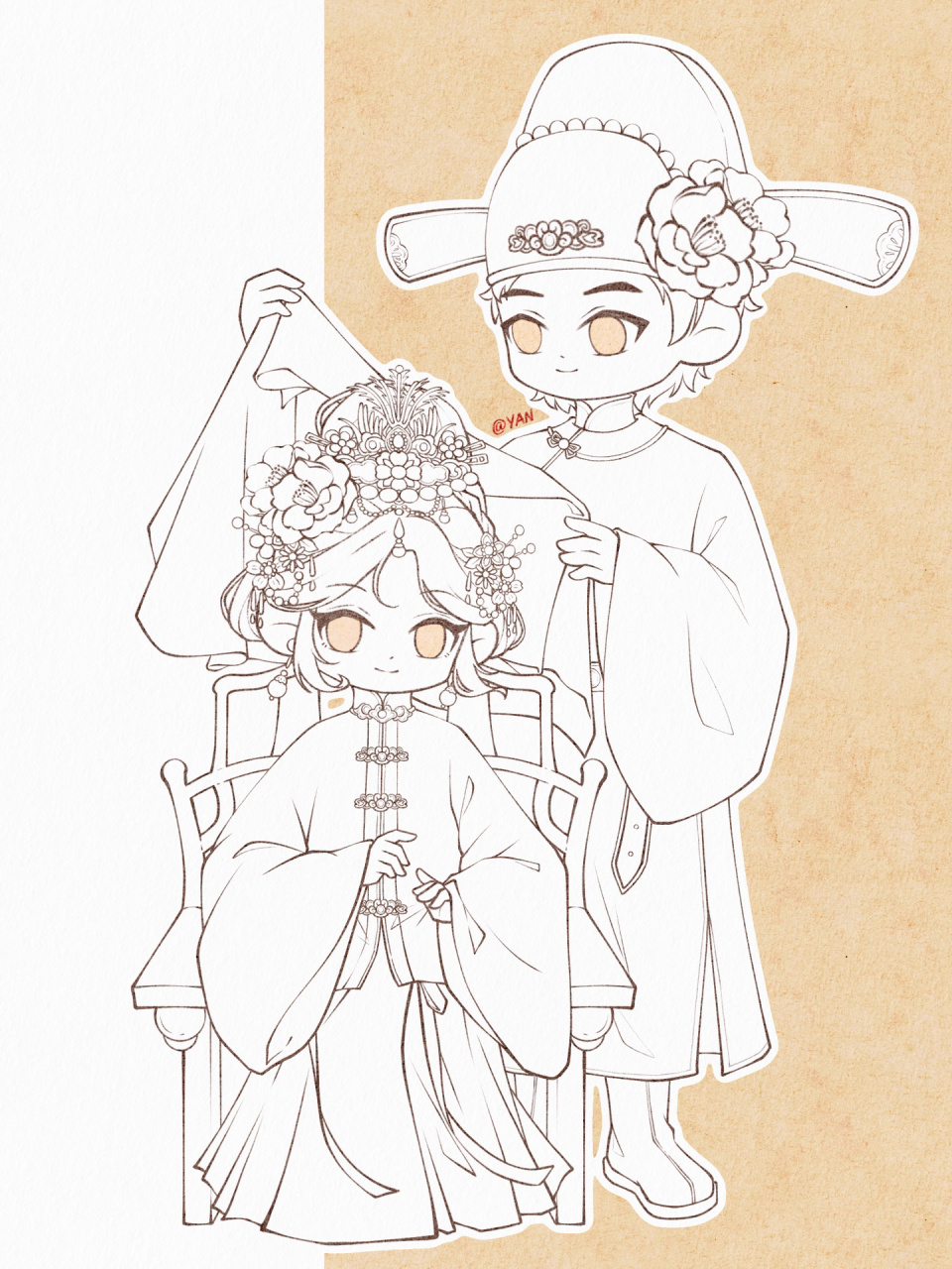 丘丘人 | 明制婚服双人贴贴 明制婚服·线稿 嘿