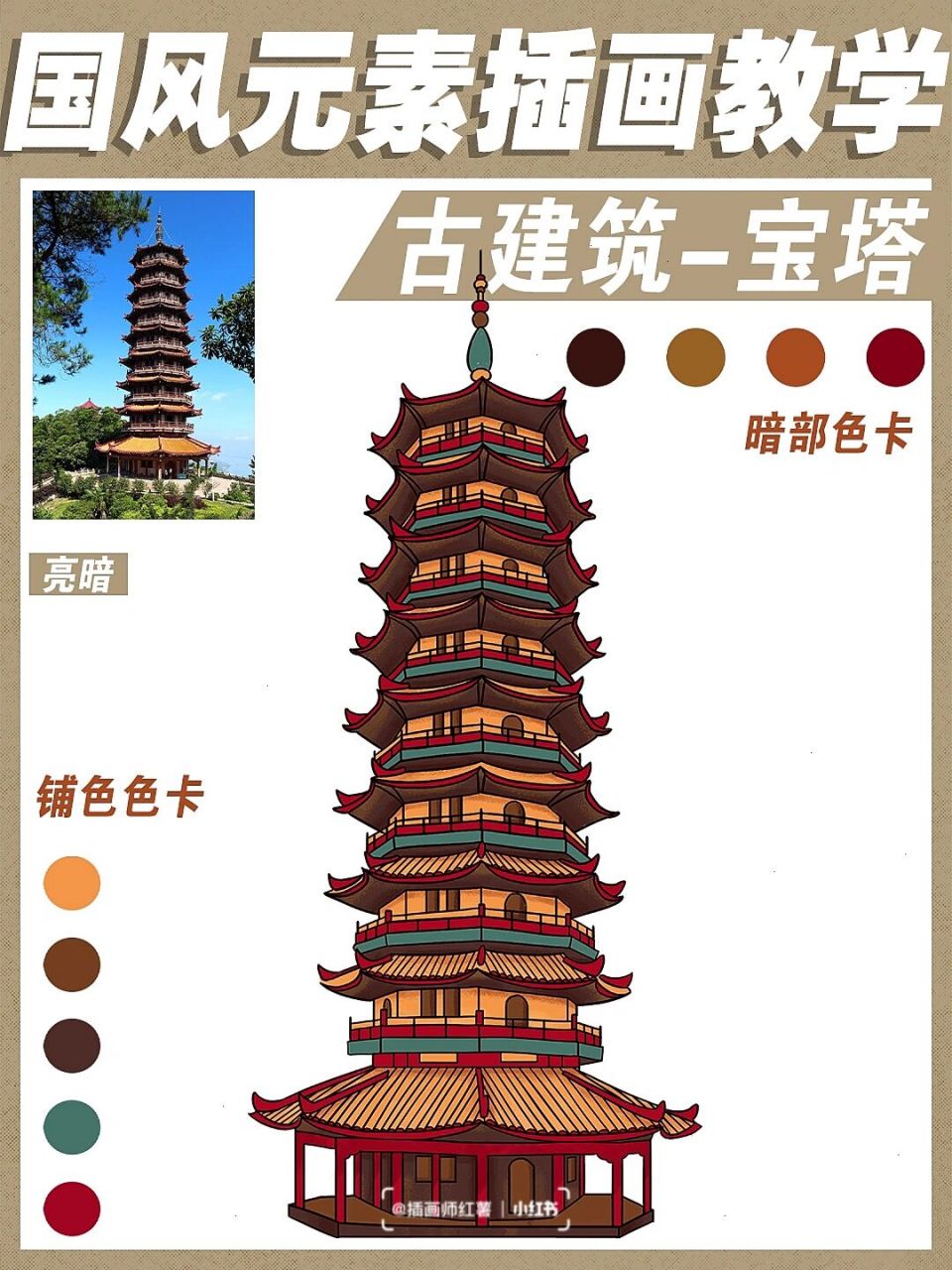 国风插画教学-古建筑-宝塔 今天出一个新国风宝塔元素的插画教学 线稿