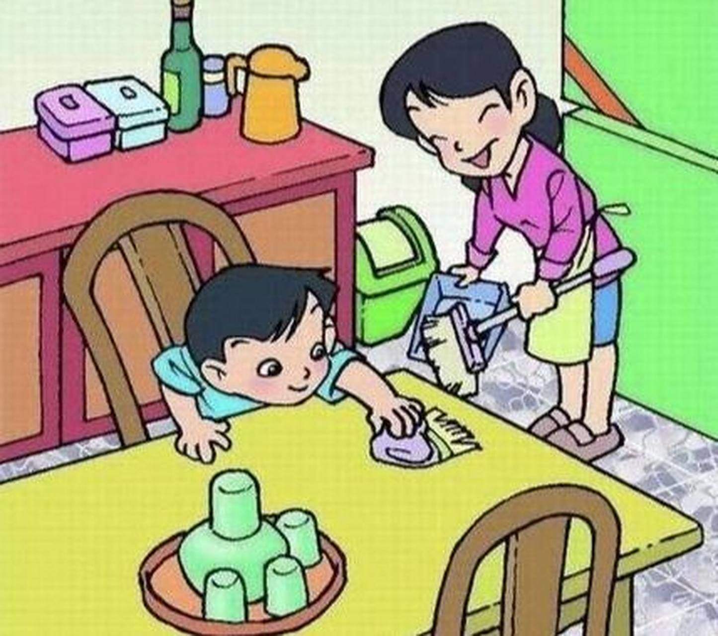 一二年级看图写话《做家务》 今天是星期六,上午阳光灿烂,小光和妈妈