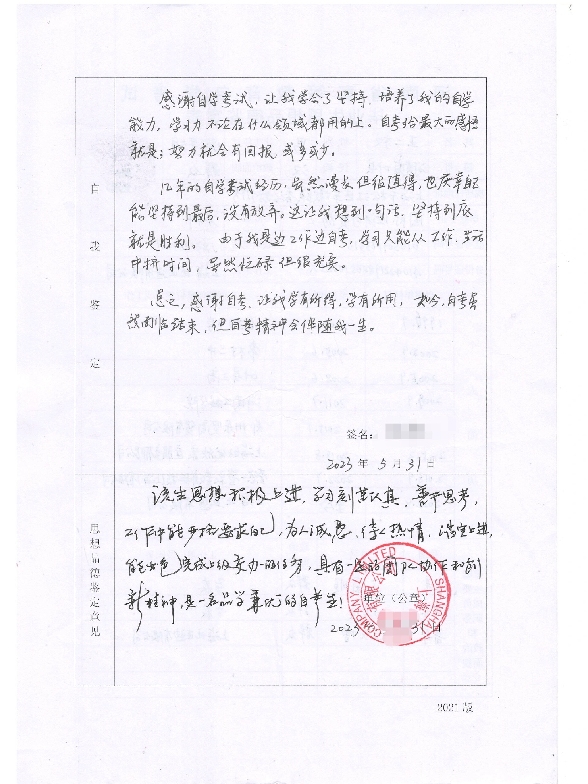 自考毕业生思想品德自我鉴定和单位鉴定