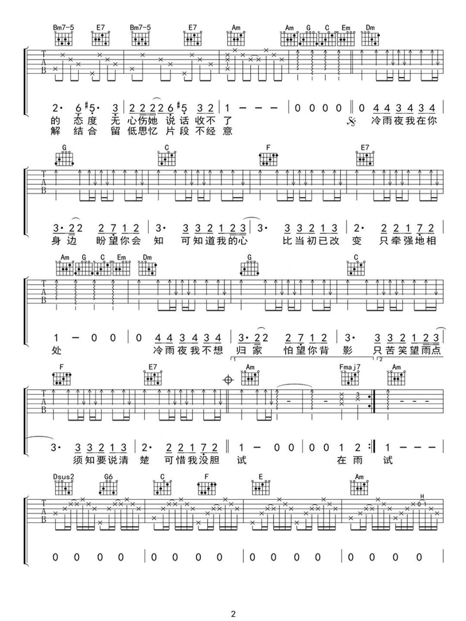 黄家驹《冷雨夜》吉他谱c调吉他谱流行音乐