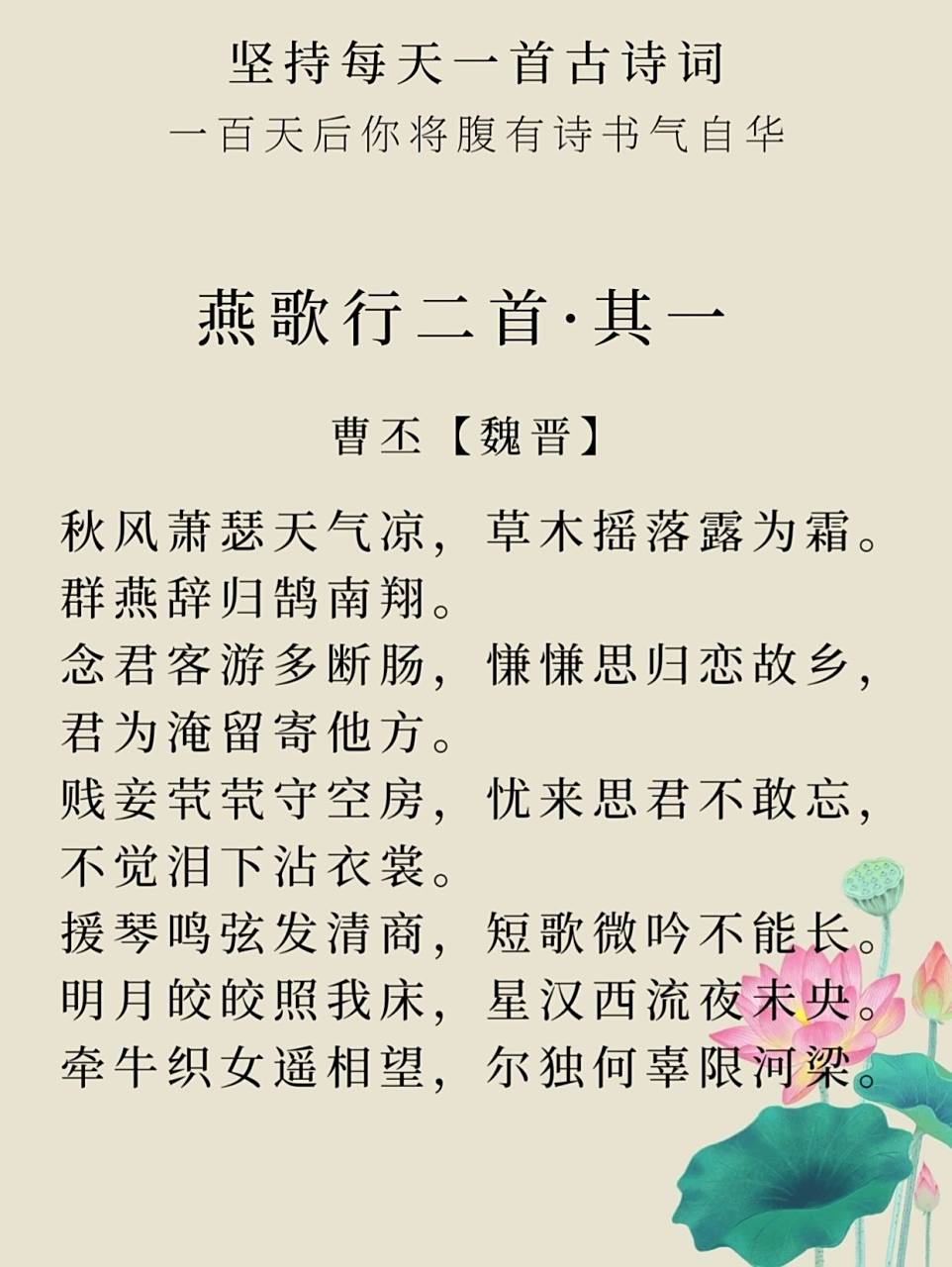 每日一诗词|98《燕歌行二首·其一》曹丕 92译文: 秋风萧瑟,天气