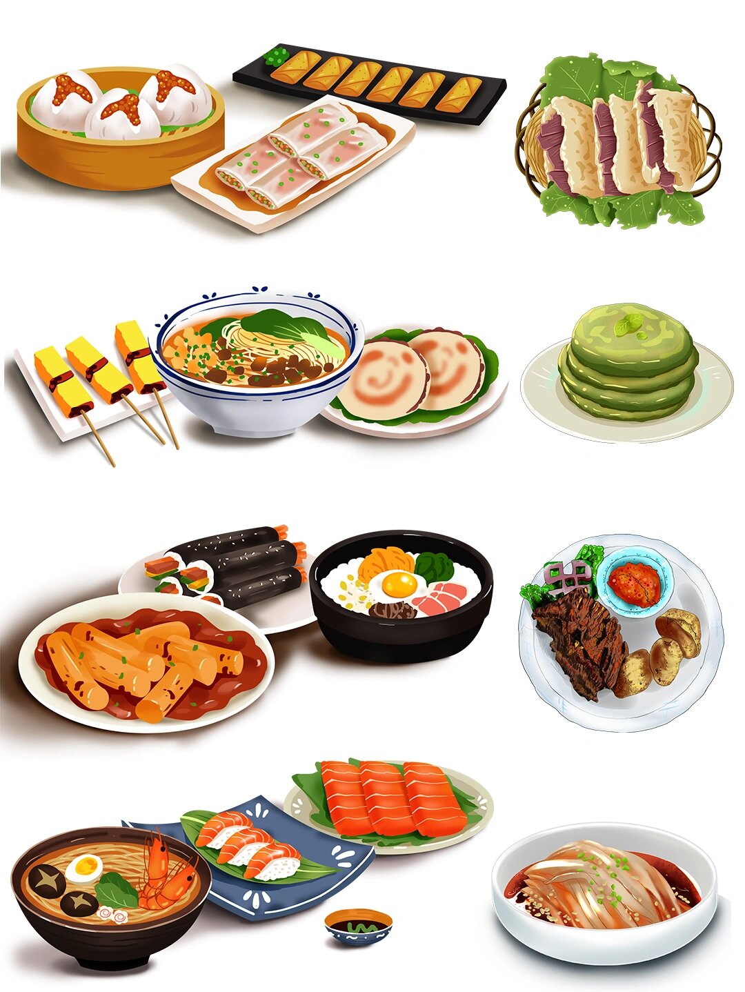 地方特色美食手绘插画|北京&广东&上海&重庆