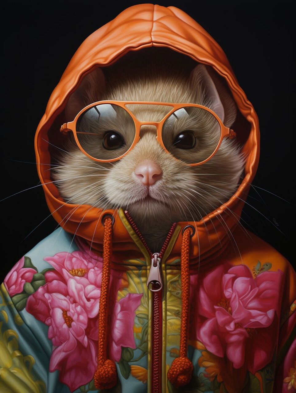 "戴眼镜和连帽衫的仓鼠油画" 这是由ben zoeller创作的一幅逼真的油画