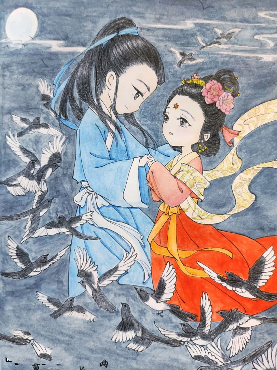 古风水彩画:七夕牛郎织女鹊桥相会 附过程 今天画的古风人物水彩画