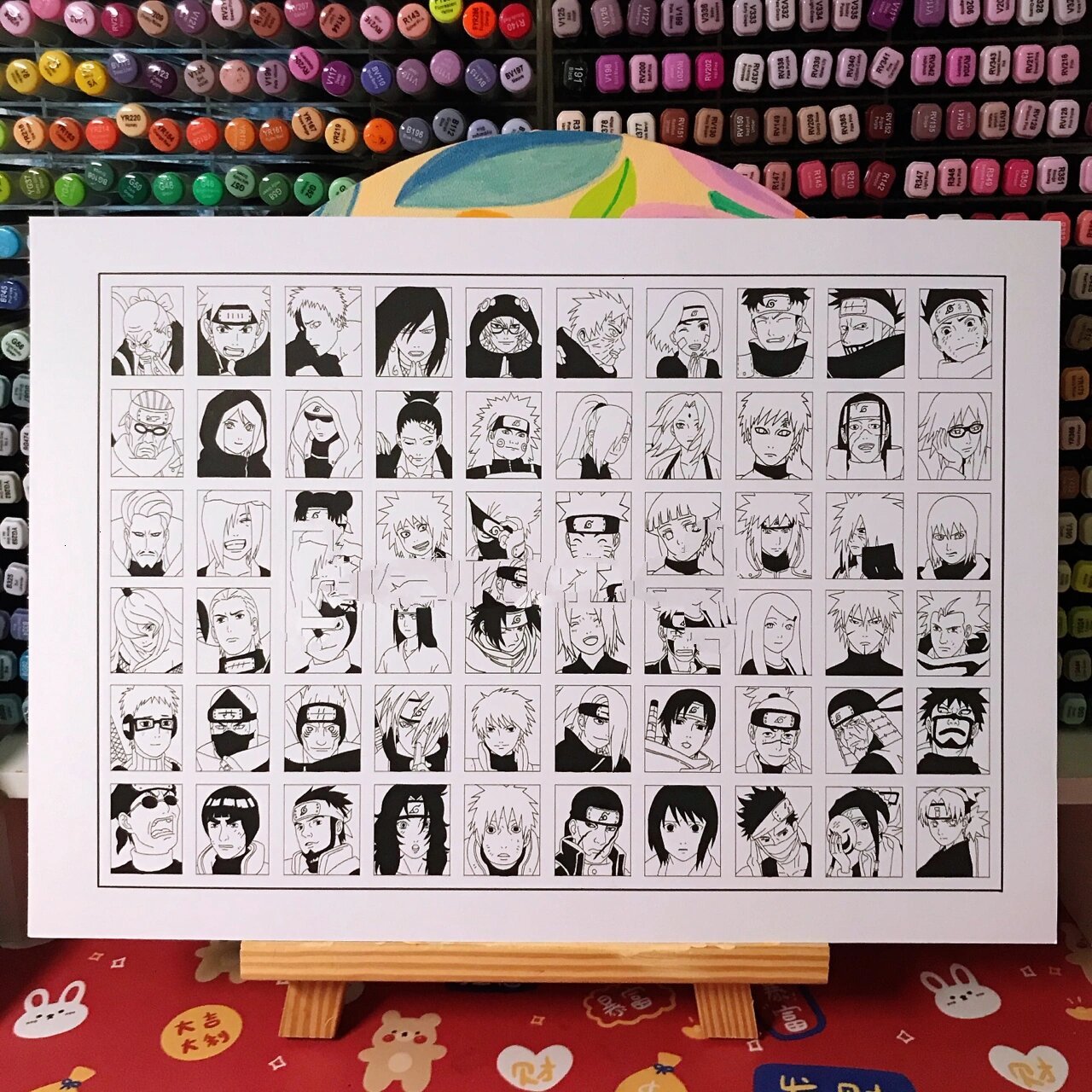 格子画 | 火影全家福黑白表情包头像,附线稿