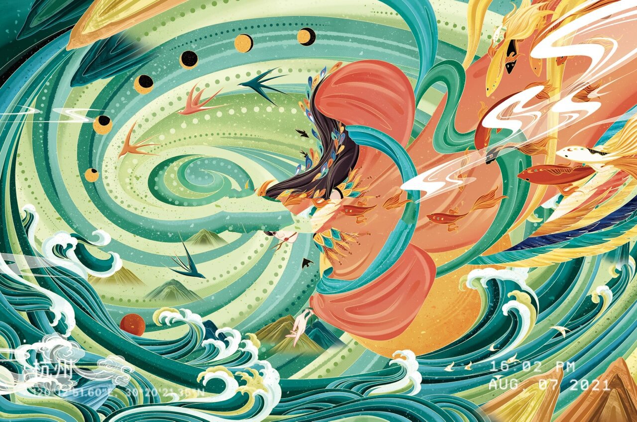 国风插画|精卫填海🌊 最近的稿子～客户需要画5个神话故事,先分享一