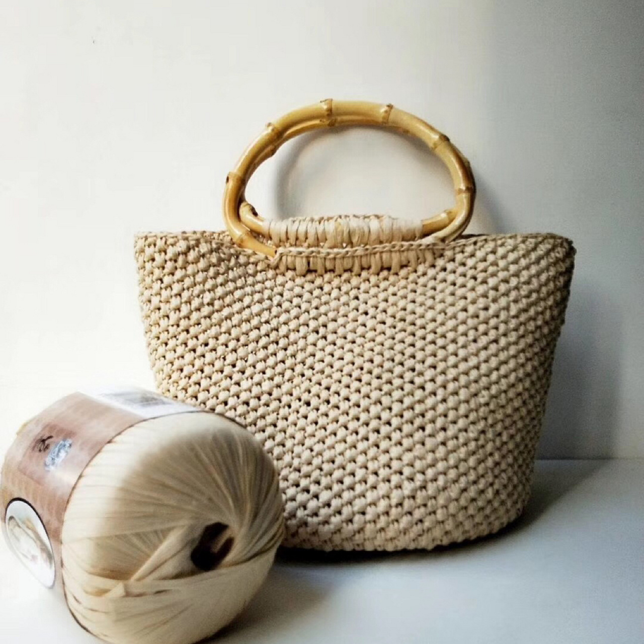 玛嘉朵原创设计#竹节提手拉菲草托特包 #diy手工制作