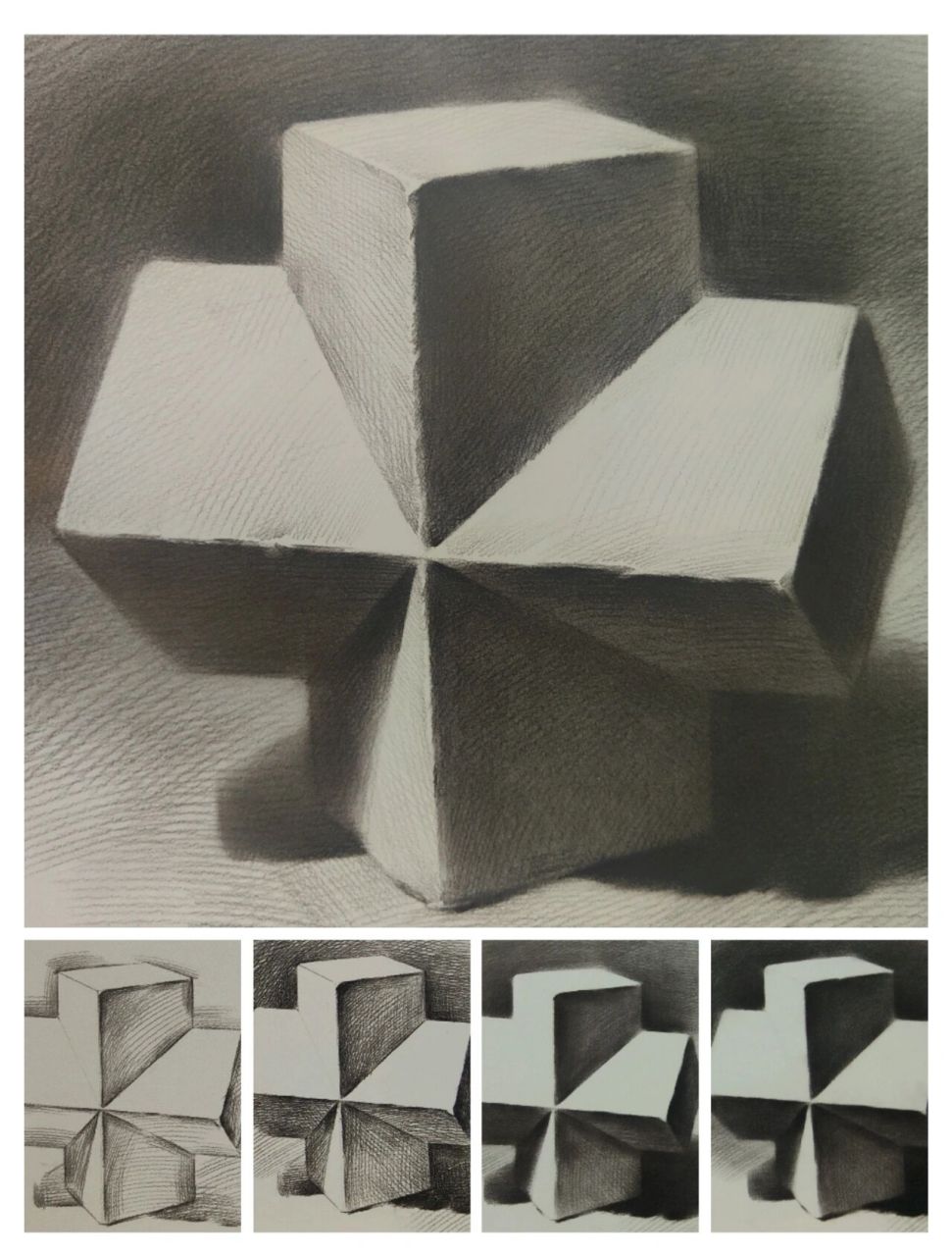 济南三人行画室分享长方体穿插体构图技巧 长方体穿插体由两个长方体