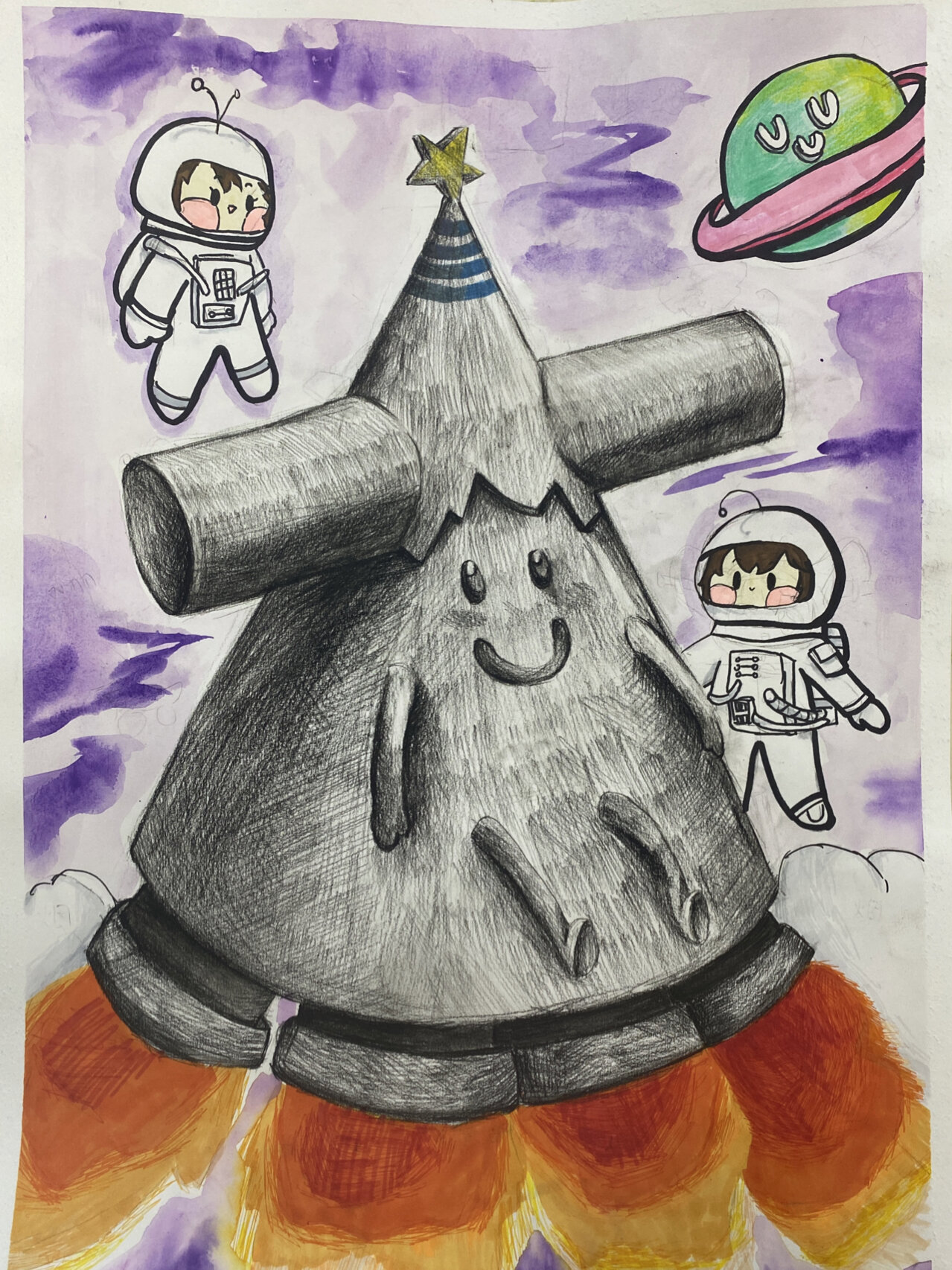 10-12岁儿童创意素描/创意儿童画几何体火箭