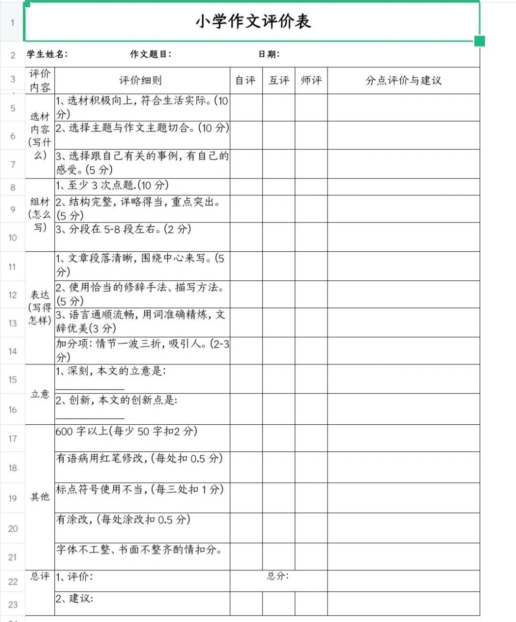 小学六年级语文作文评价表双减作业管理模板 ☆本表适用于小学六年级