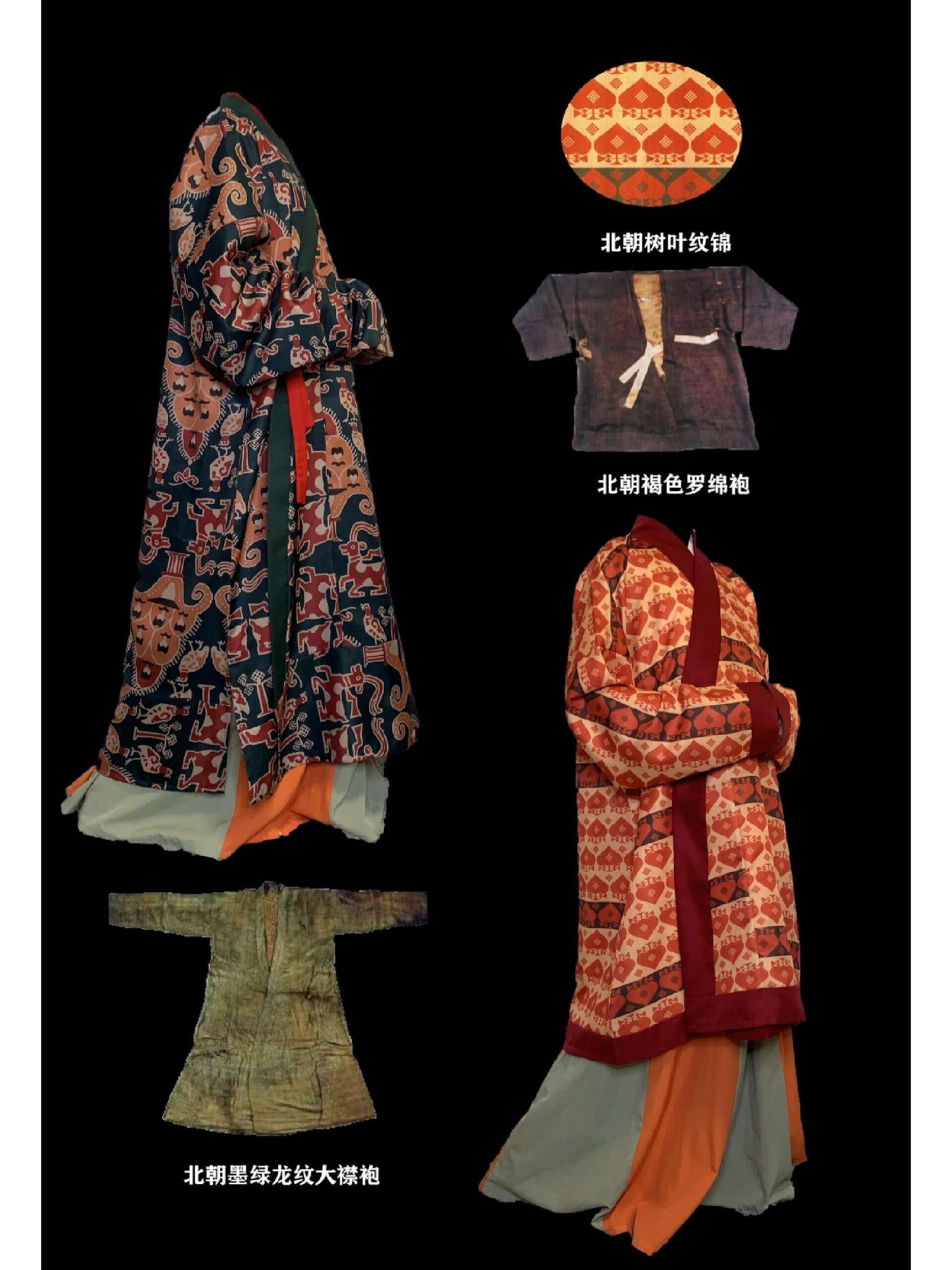 北朝鲜卑服饰 【北朝鲜卑服饰】 北魏对鹿树纹锦大襟袍&北魏树叶纹锦