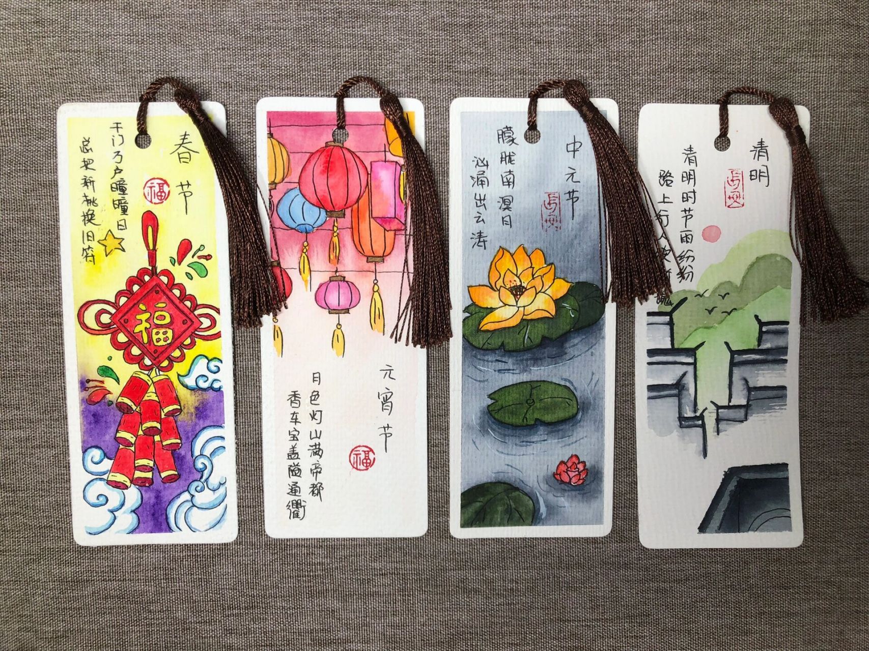 手绘水彩书签92传统节日·全家福 纸张:宝虹350g中纹; 尺寸:16cm*