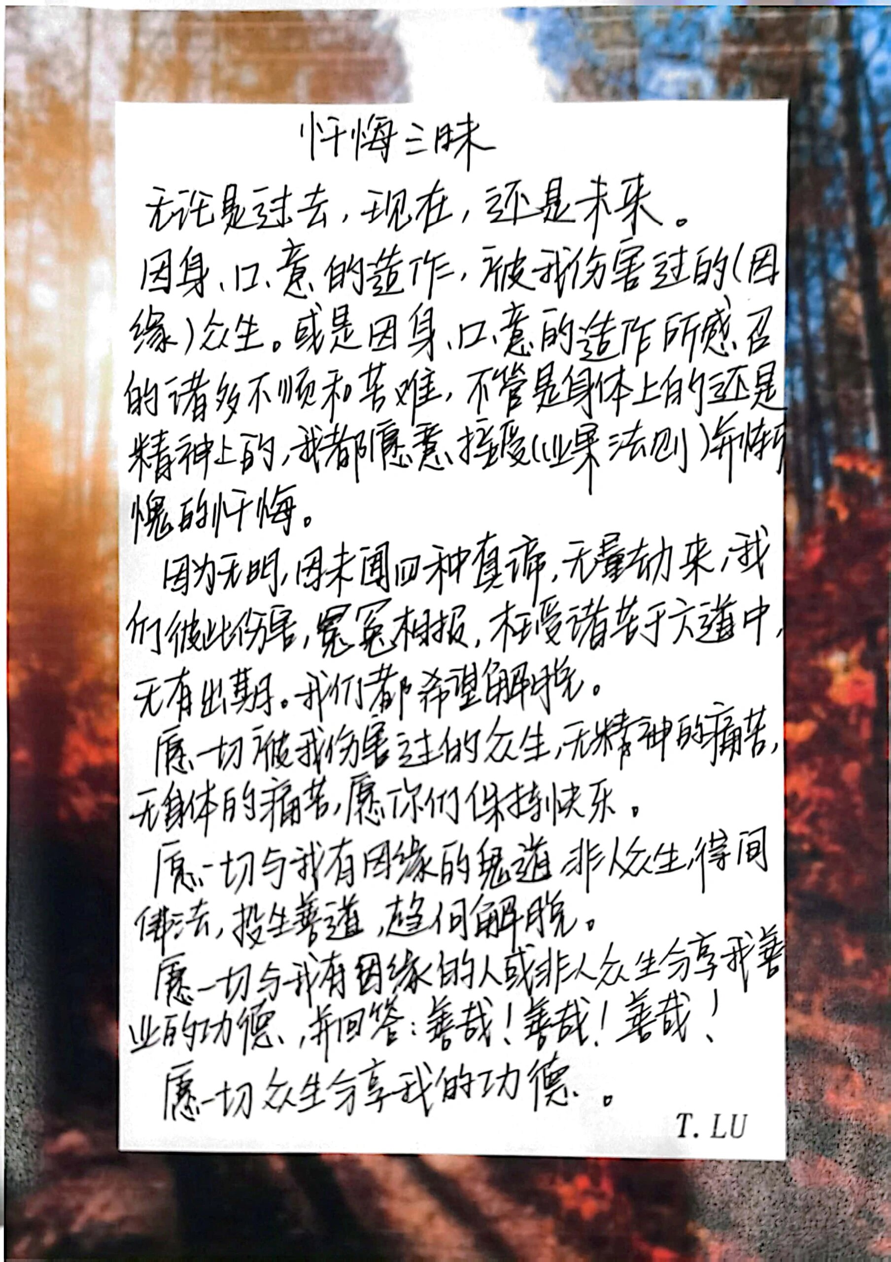 忏悔三昧每天3遍 回向文每天1遍 回向偈用处很大,修行的人不论念经