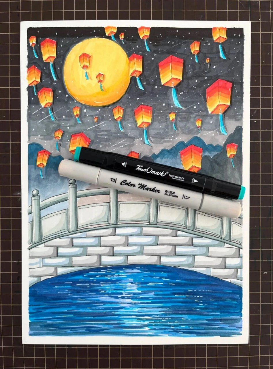 国风中秋节主题画『月圆孔明灯』