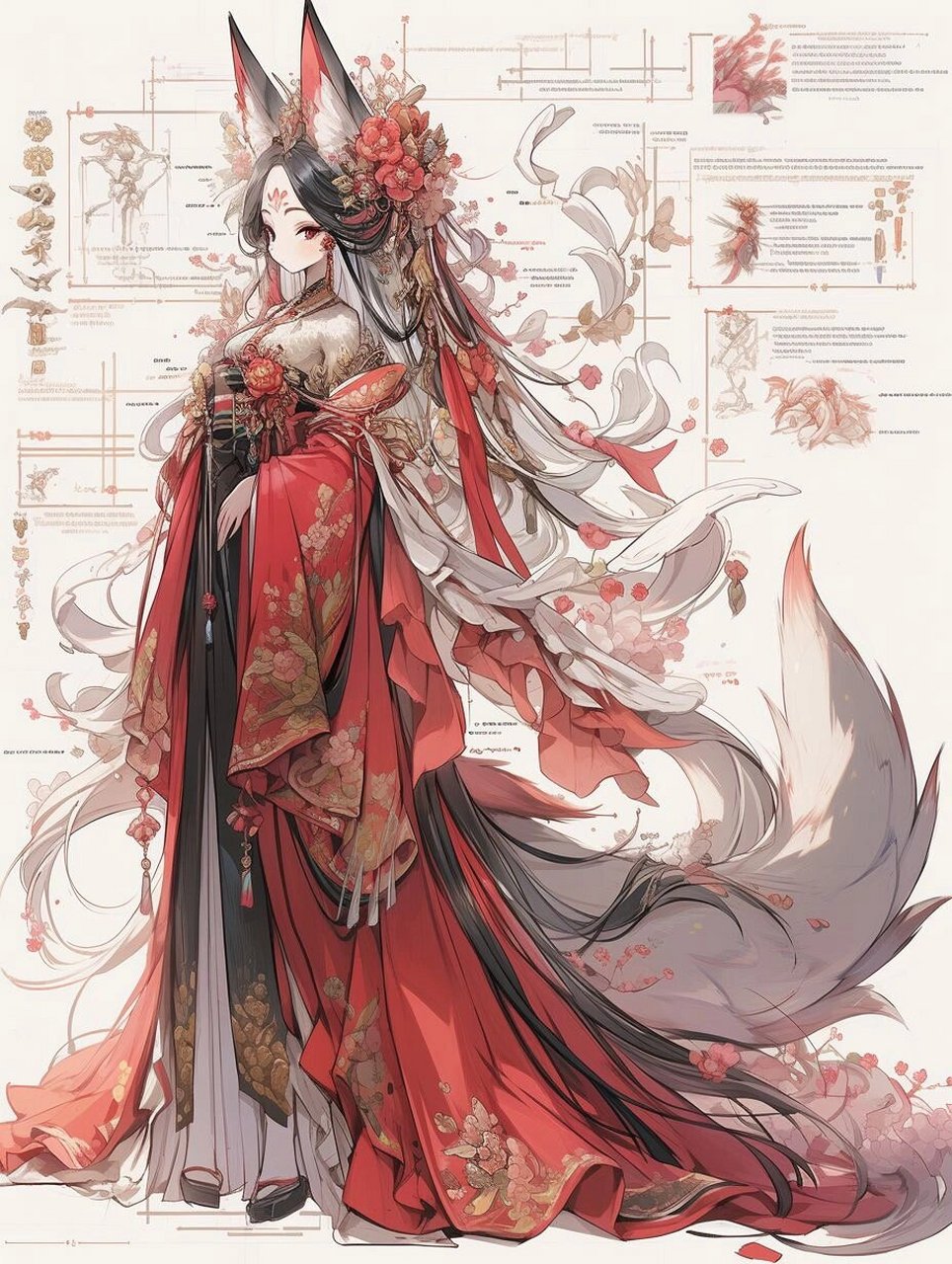 ai服装设计|国风|《山海经》九尾狐02 东三百里,日青丘之山,其阳多