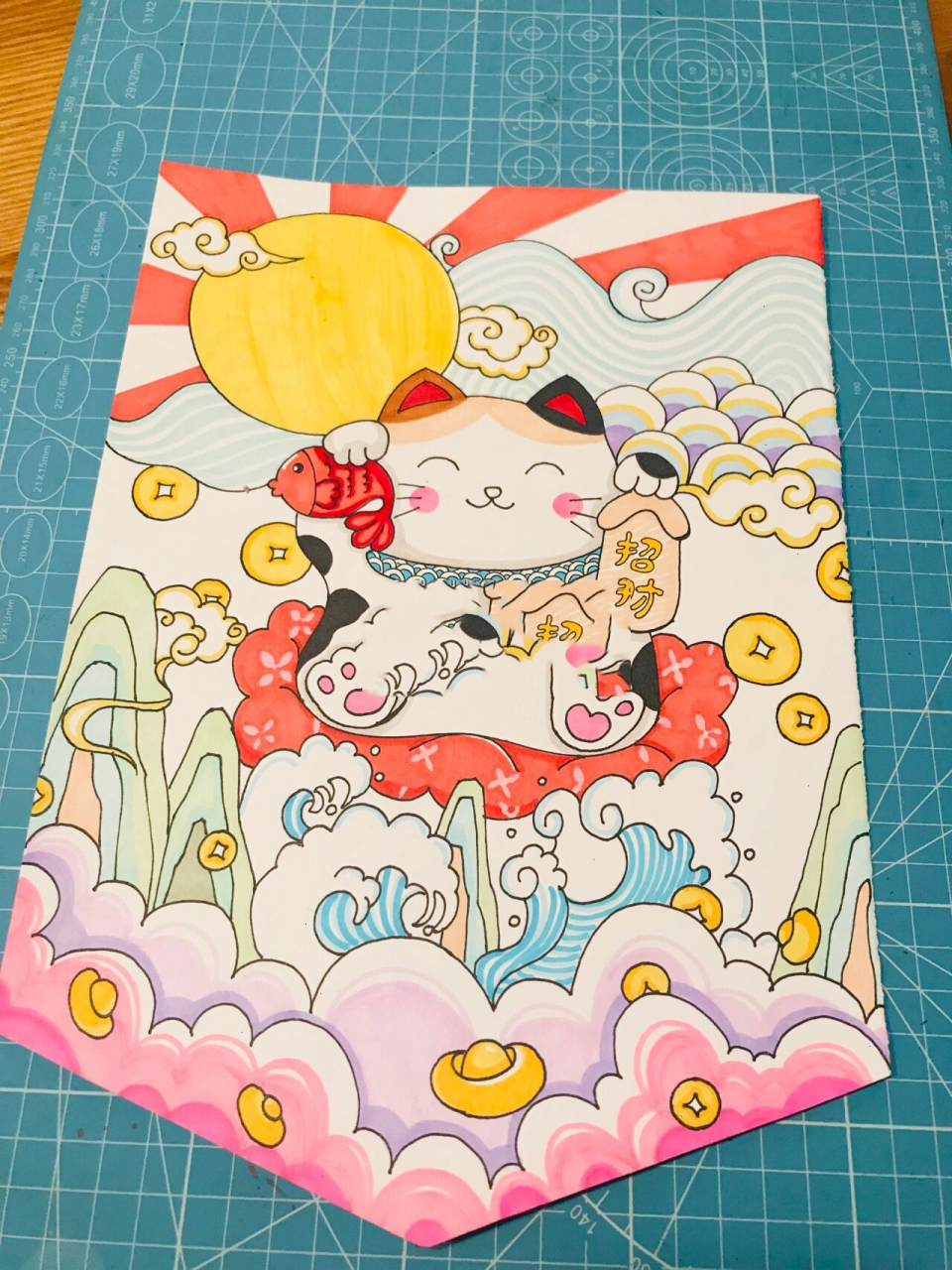 创意美术～招财猫～马克笔手绘 马克笔招财猫～ 荷兰白卡～显色好创意