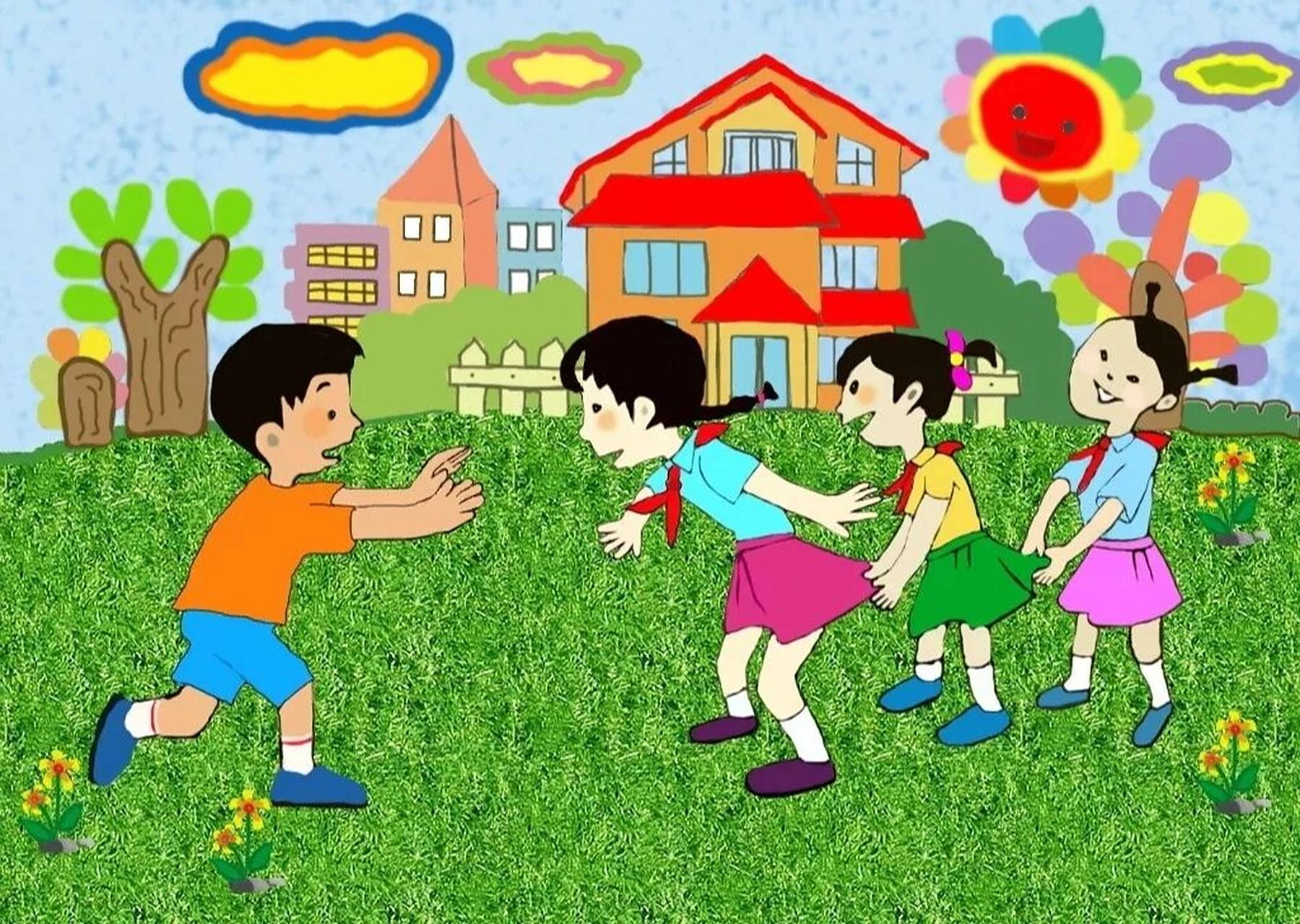 小红和小刚带领着一群同学们来到操场上,准备玩老鹰捉小鸡.