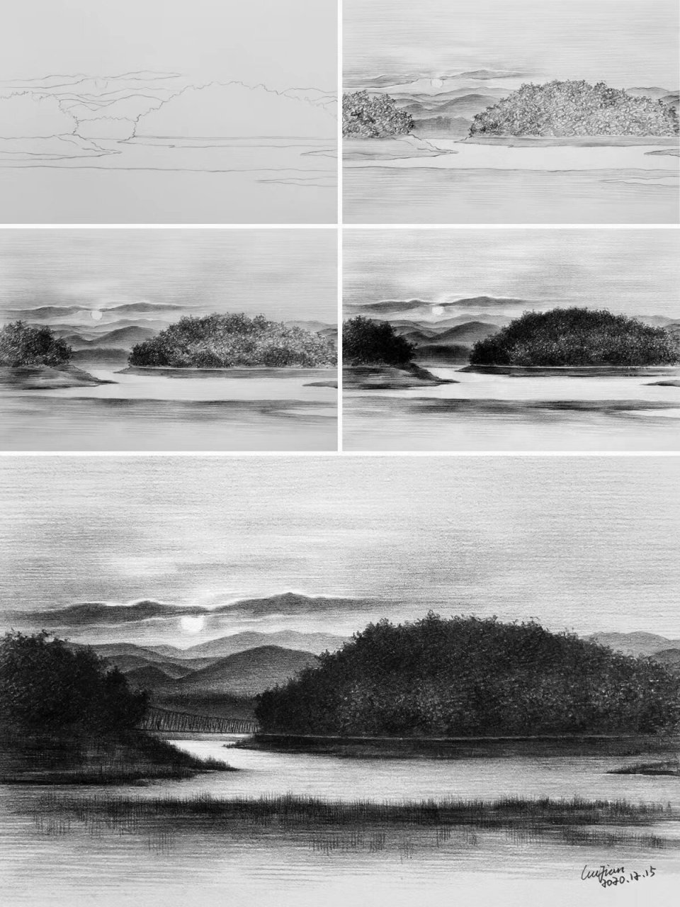线条练习-简单素描风景 1,起形构图要先找到水平线,将远景和湖面分开