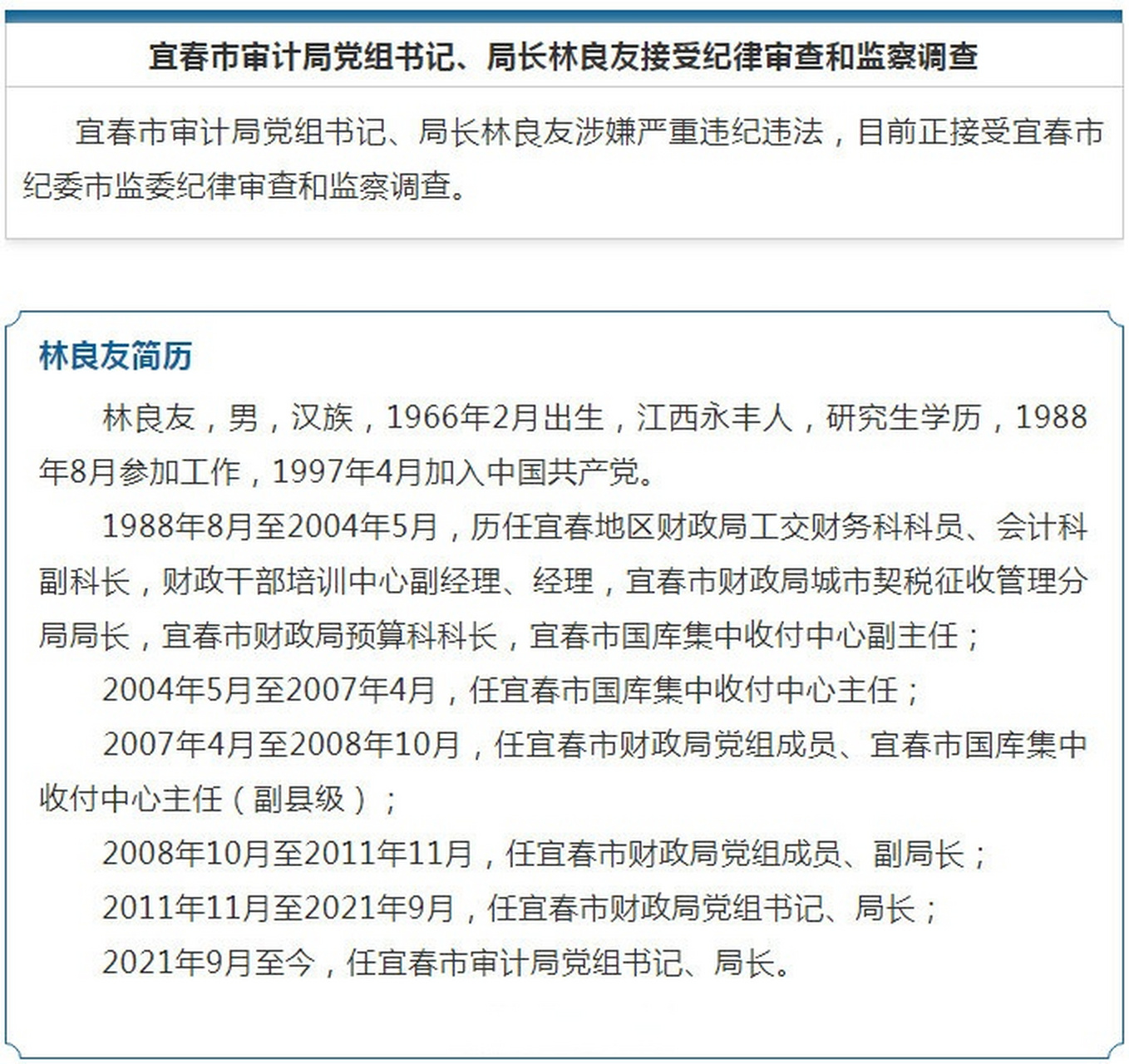 【宜春市审计局党组书记,局长林良友接受纪律审查和监察调查】宜春市