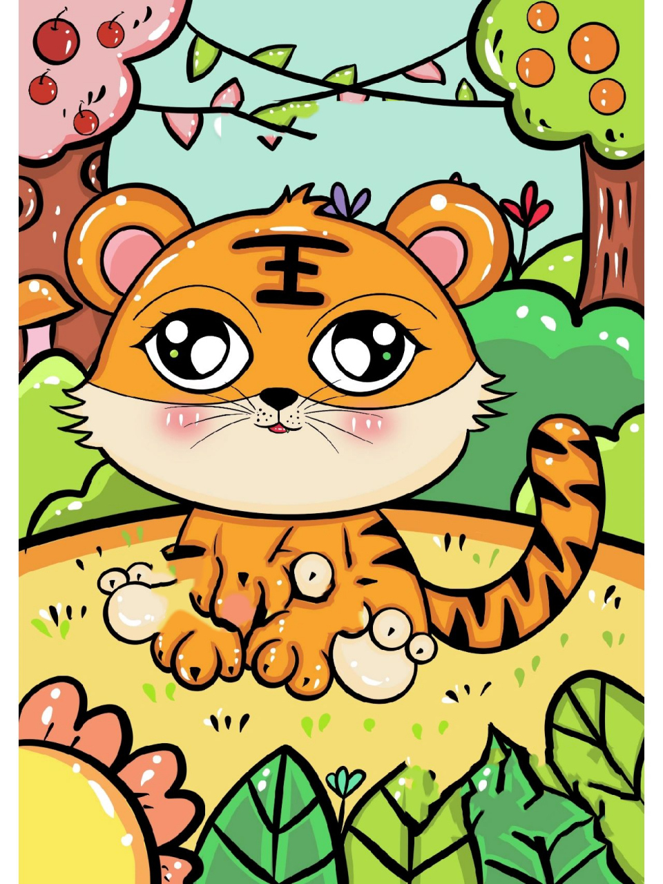 老虎爬树儿童画图片