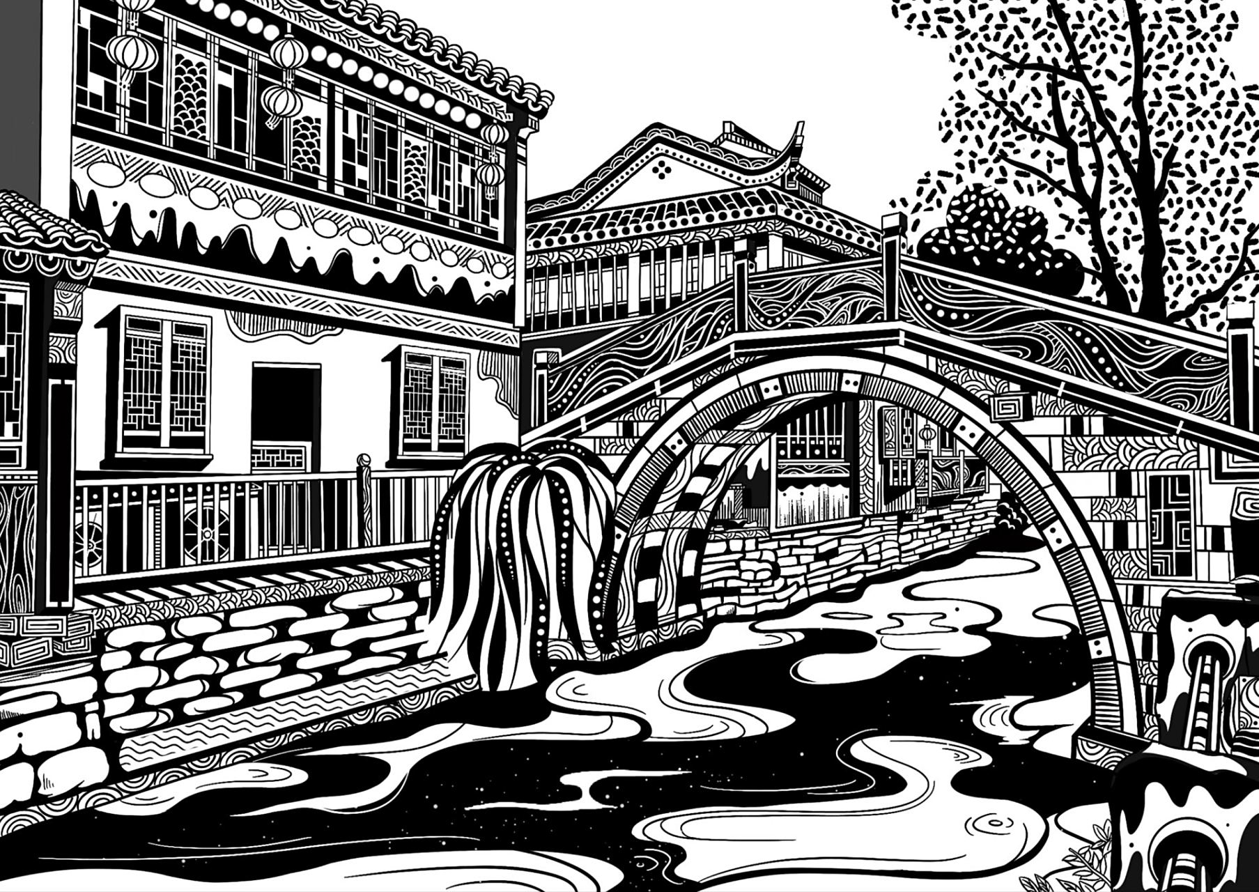 黑白装饰画·传统纹样·古建筑 大三时候在 专业考察课程时候画的