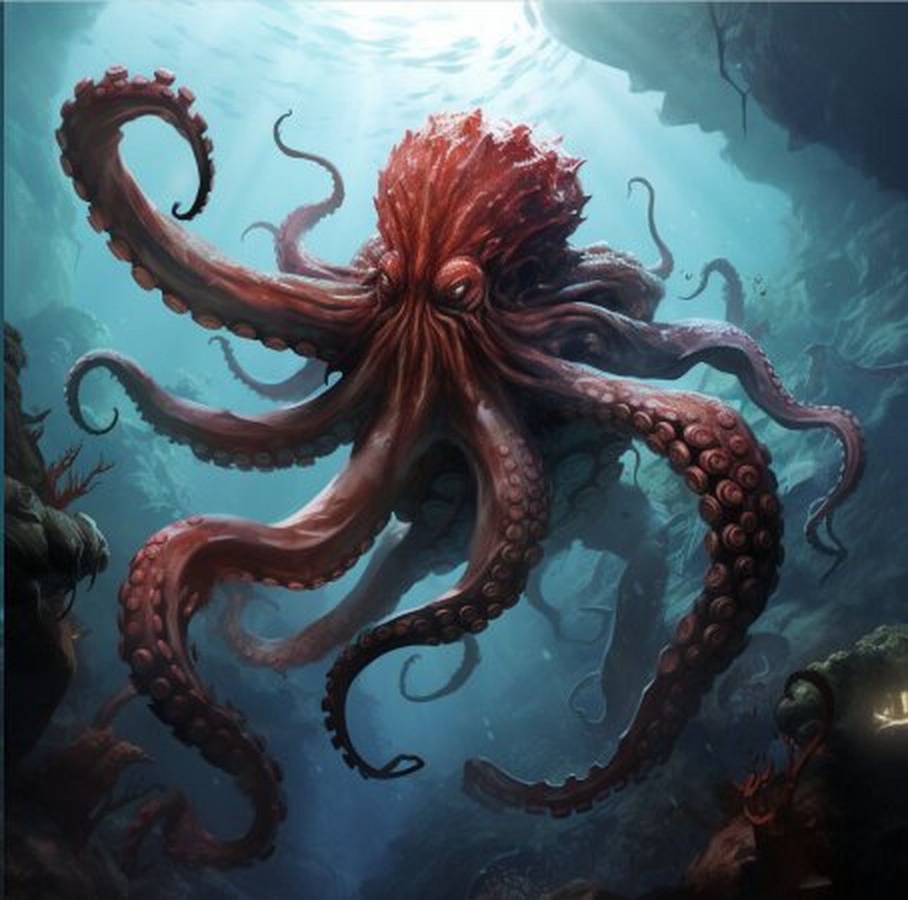 巨型章鱼-【问心一语】 巨型章鱼是深海中的大型动物,身体庞大且力量