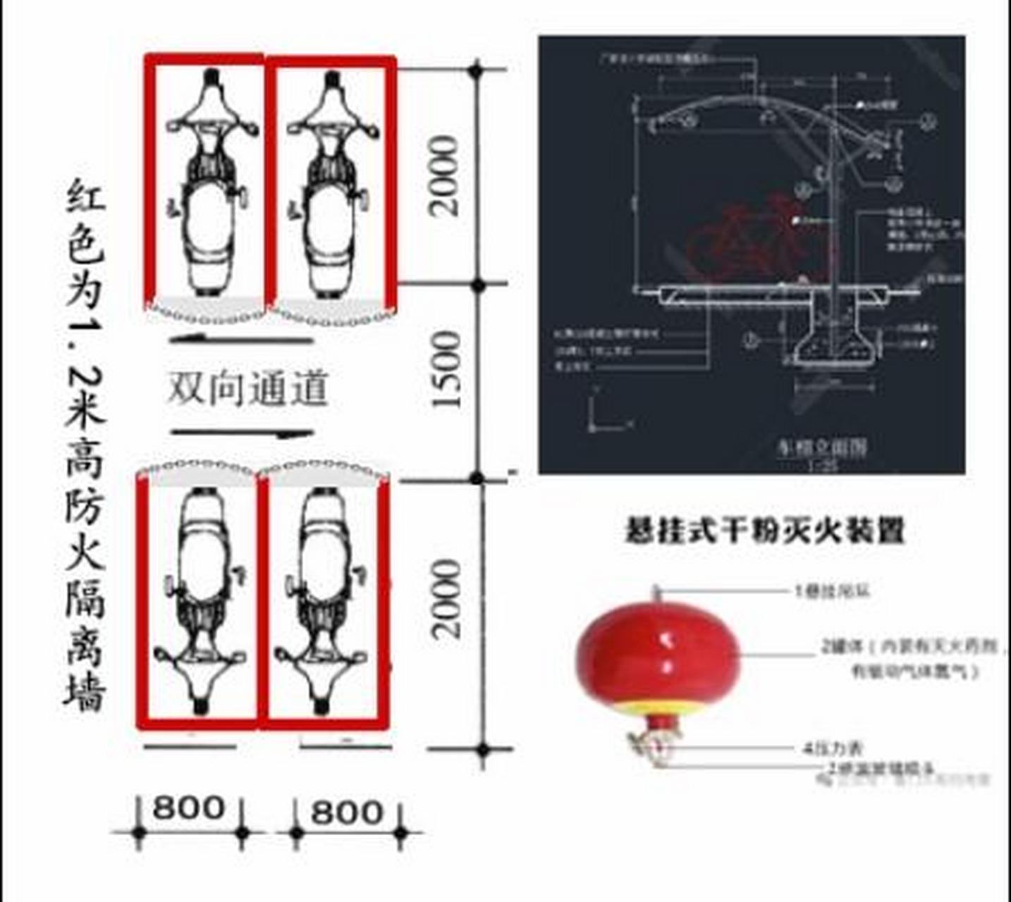 电动自行车停车位建设方案: 1,地上独立车位,每个车位间1.