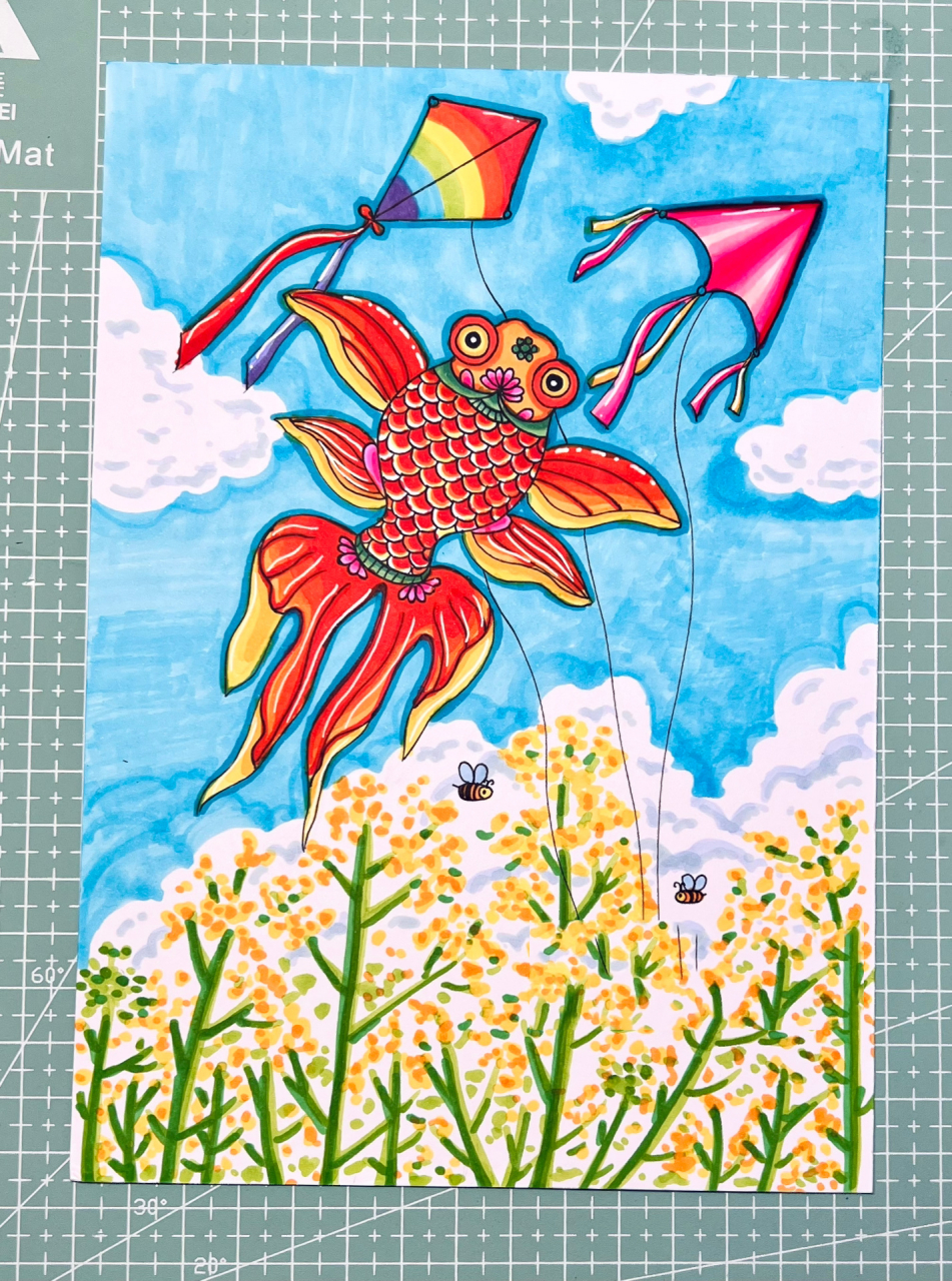 春天主题画-放风筝 春天来啦～一起放风筝09吧            马克笔