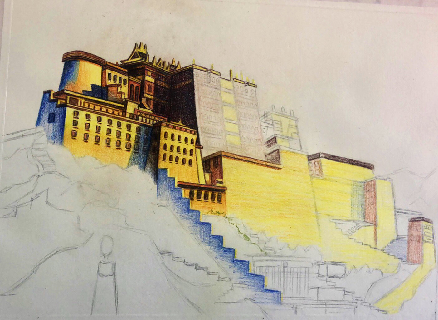 彩铅风景:冬日里的西藏拉萨布达拉宫
