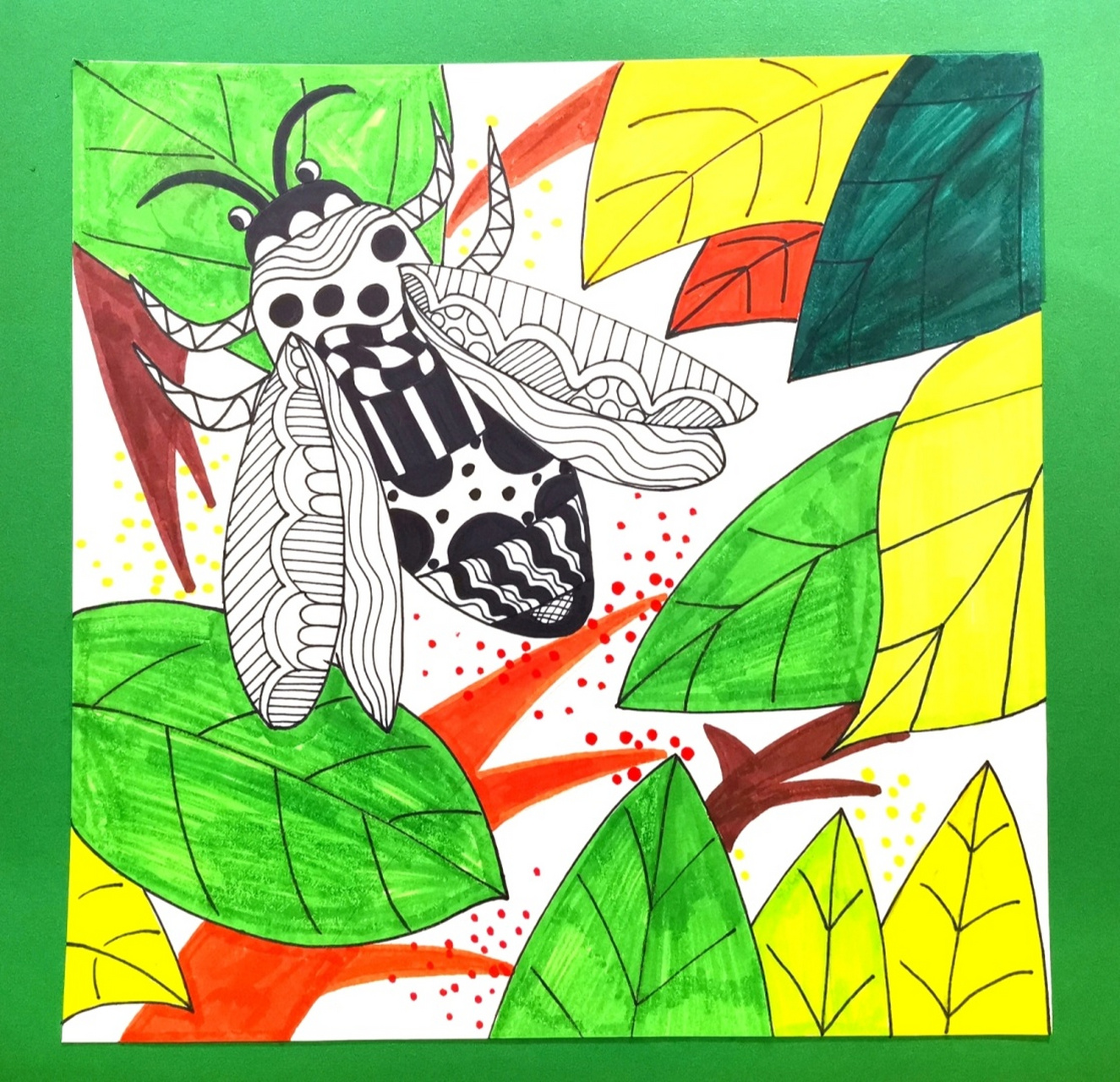 蝉是黑白点线面的90 树叶和枝干可以不用勾线笔勾线78 用彩色笔