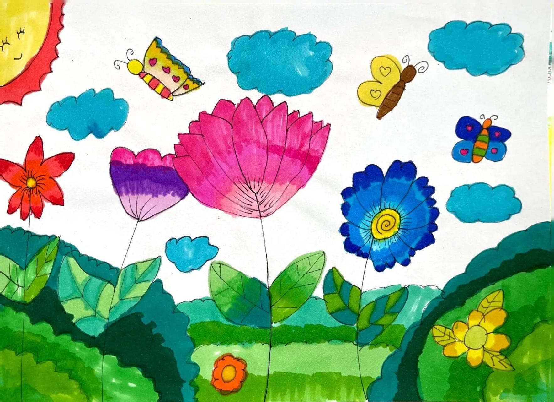 美术作业:二年级下册《盛开的鲜花》 渐变色用起来啦!