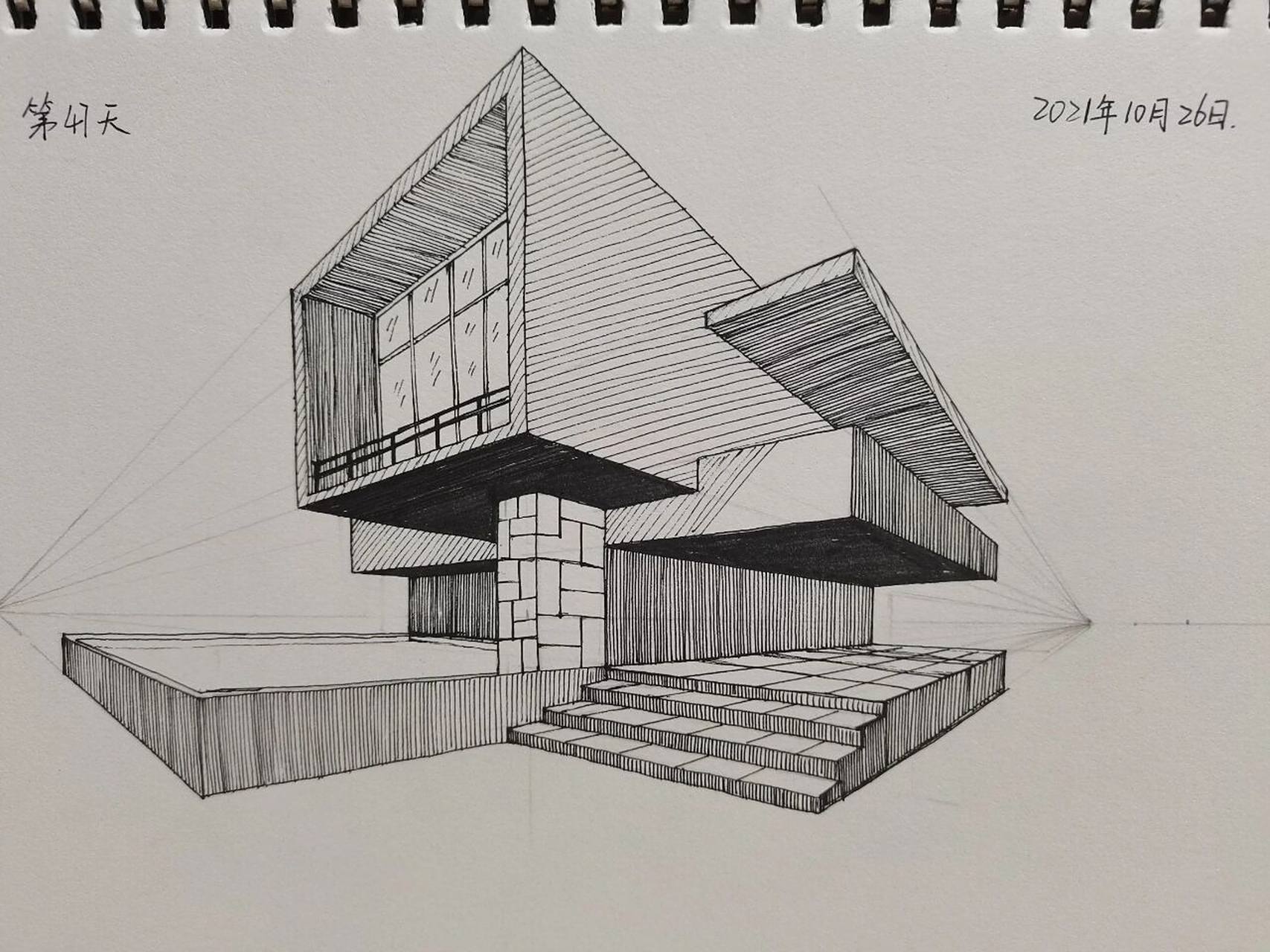 控笔练习/两点透视建筑体(附步骤图/day47 7715绘画练习第47天