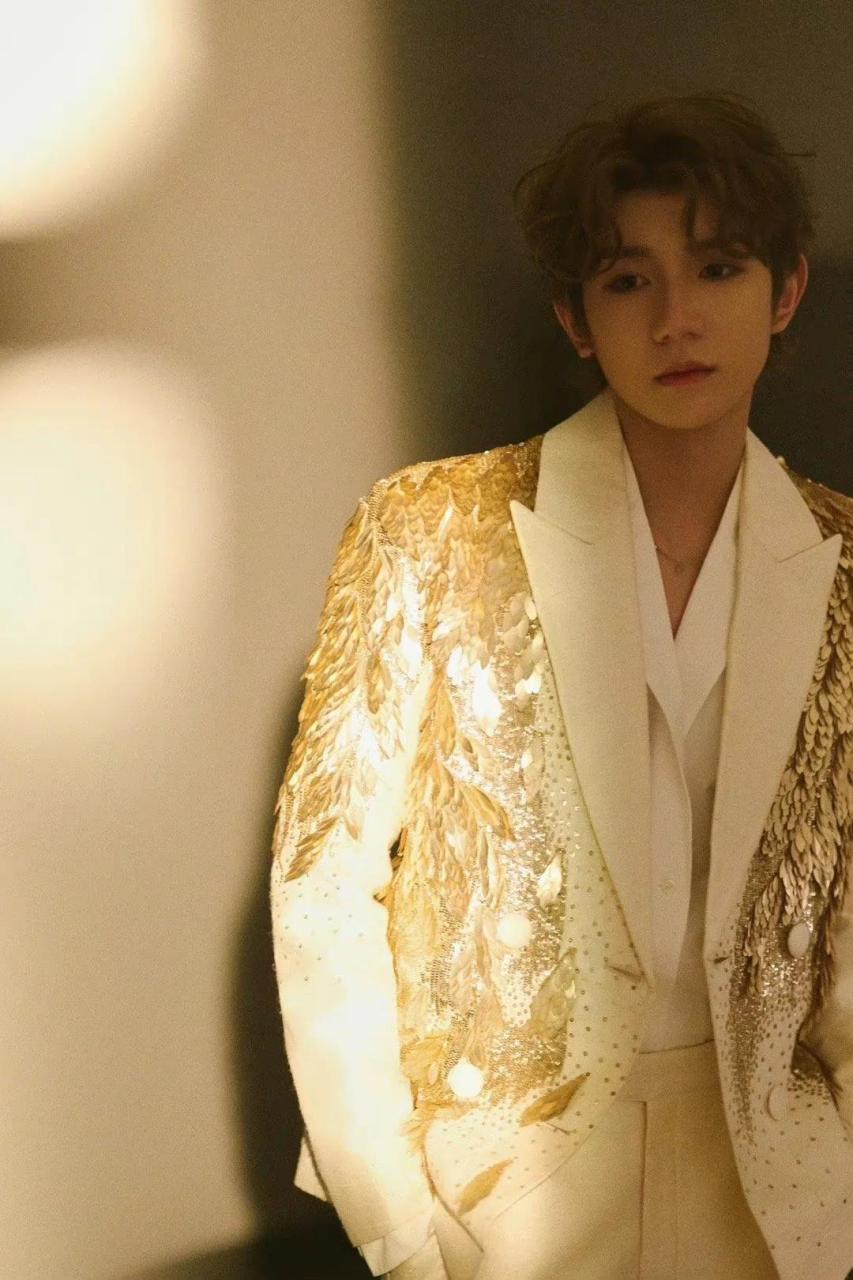 王源|十周年演唱会造型图,rahul mishra 特别定制白色西装,金色亮片