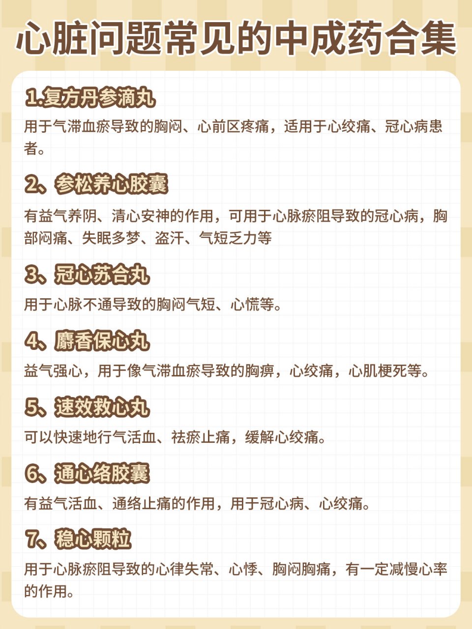 1,复方丹参滴丸 用于气滞血瘀导致的胸闷,心前区疼痛,适用于心绞痛