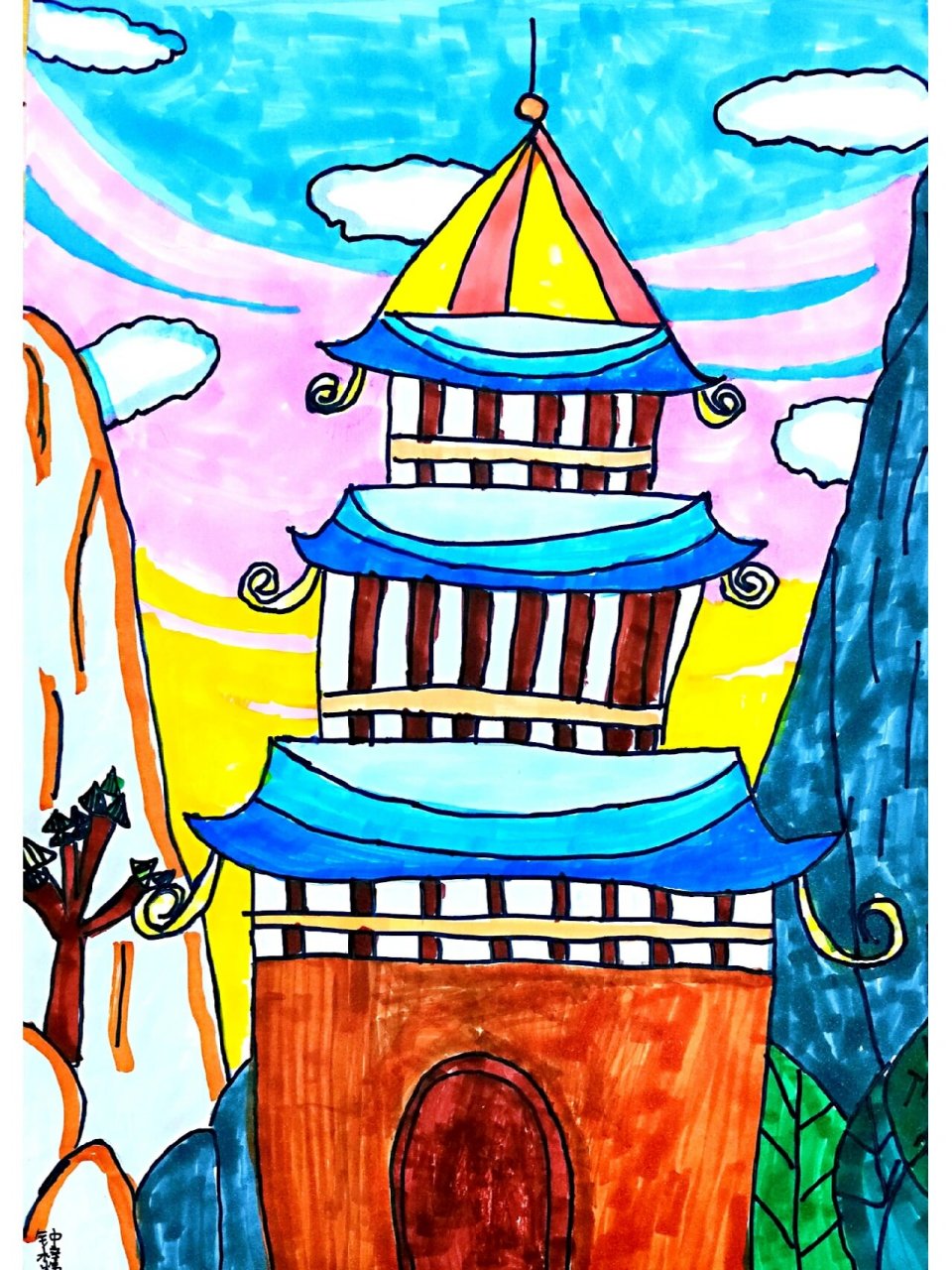 第18幅 马克笔儿童画《古塔》7-9 《古塔》 97简单了解古塔,通过
