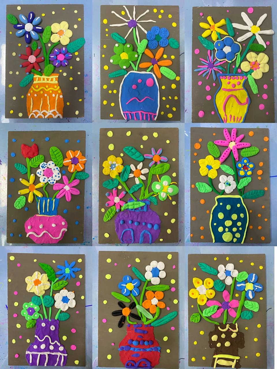 粘土作品,花瓶与花 非常出效果的一个内容,找些不同形状的花瓶给小