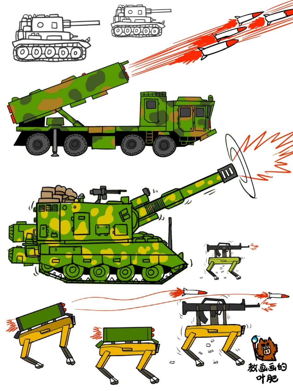 科幻军事火柴人,榴弹炮坦克,火箭发射车 创意儿童画,简笔画,这是我