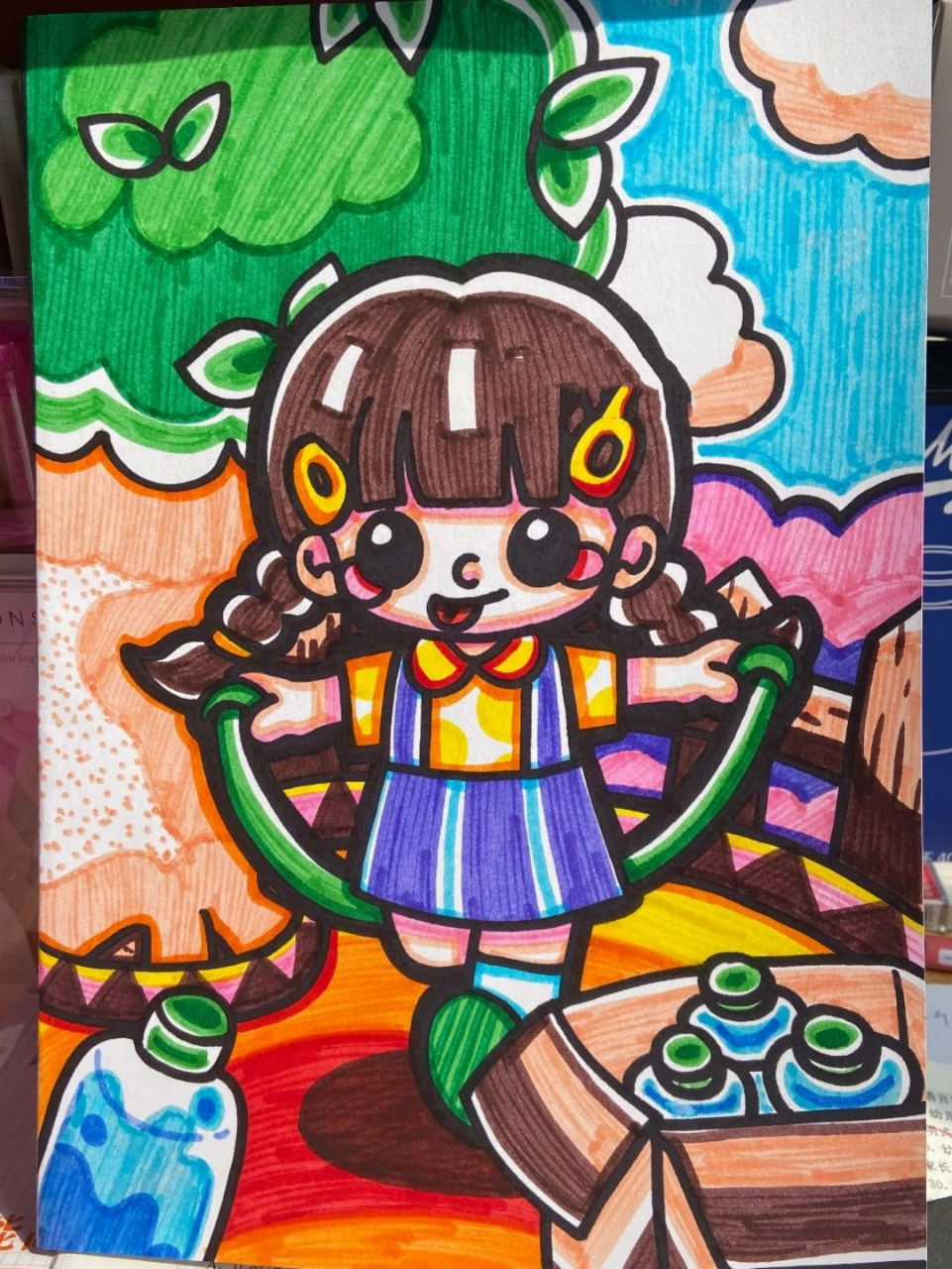 儿童画|一起去《运动场上》跳绳吧 工具[十二色西瓜太郎水彩笔]