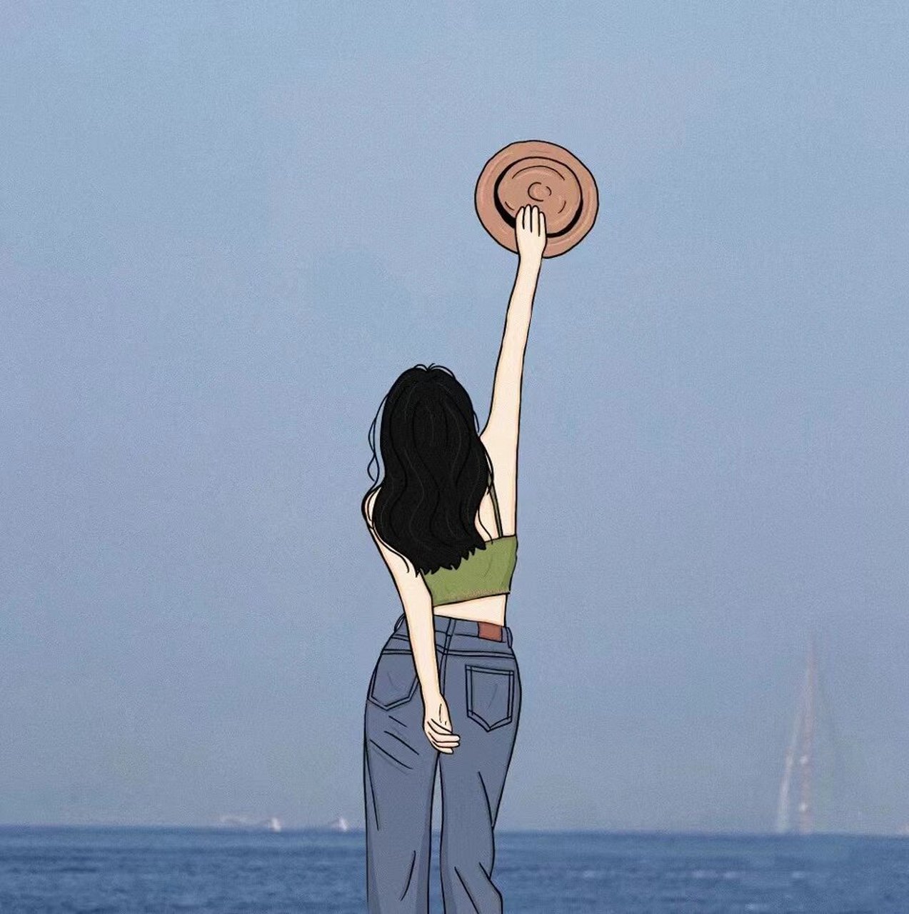 插画头像|拿草帽海边背影女生头 早上好,周末好天气7715 今天的
