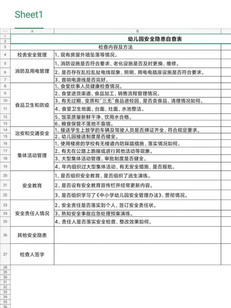 幼儿园安全隐患自查表