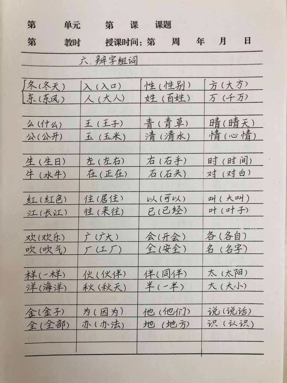 一年级语文下册复习6～辨字组词